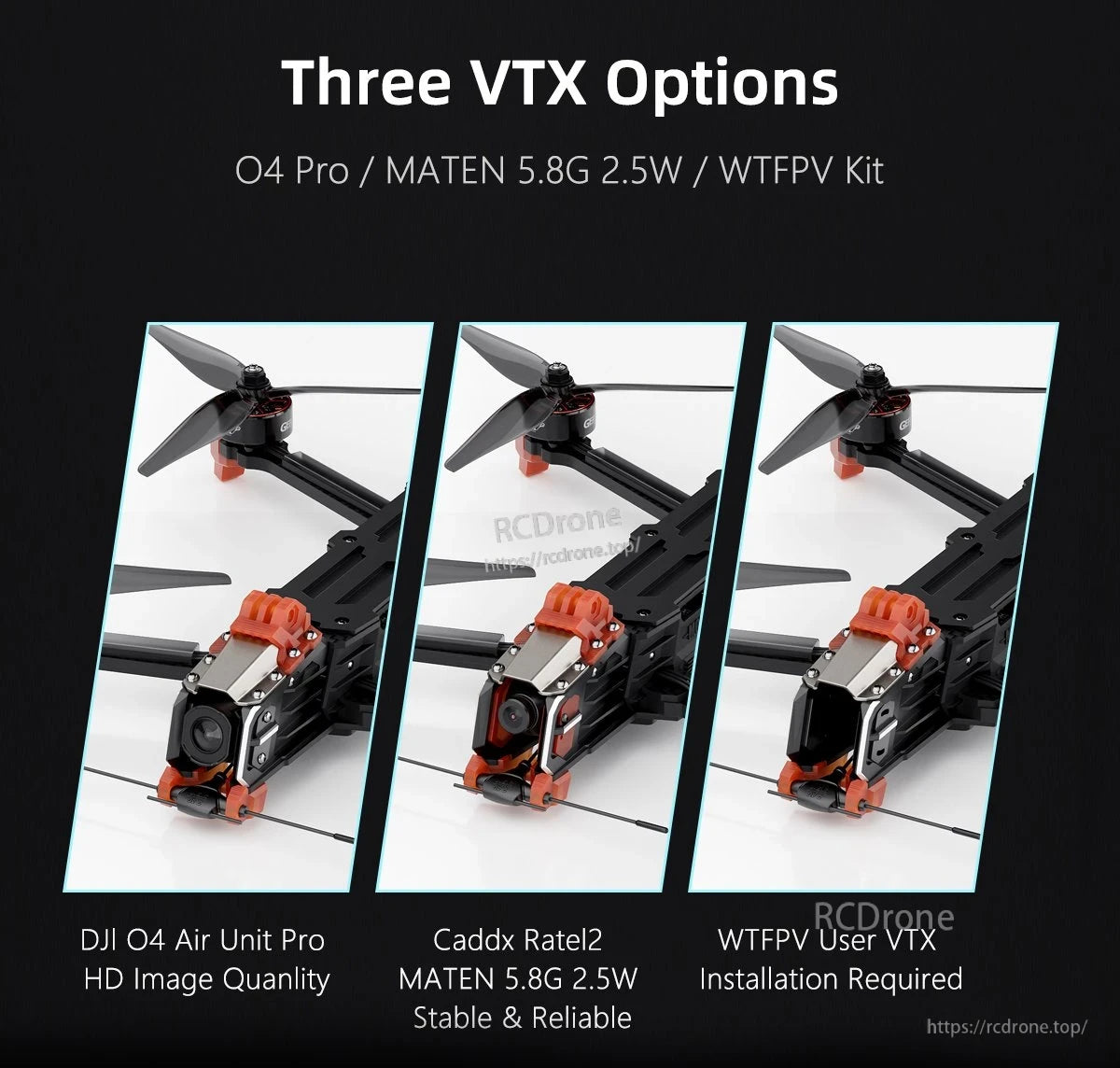 GEPRC MOZ7 V2 WTFPV, GEPRC MOZ7 V2 FPV drone showing three VTX options: DJI O4 Air Unit Pro, MATEN 5.8G 2.5W, and WTFPV kit