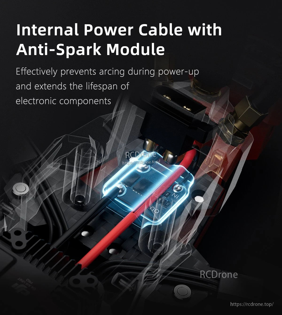 GEPRC MOZ7 V2 WTFPV, GEPRC MOZ7 V2 internal power cable with inline anti-spark module installed inside an FPV drone frame