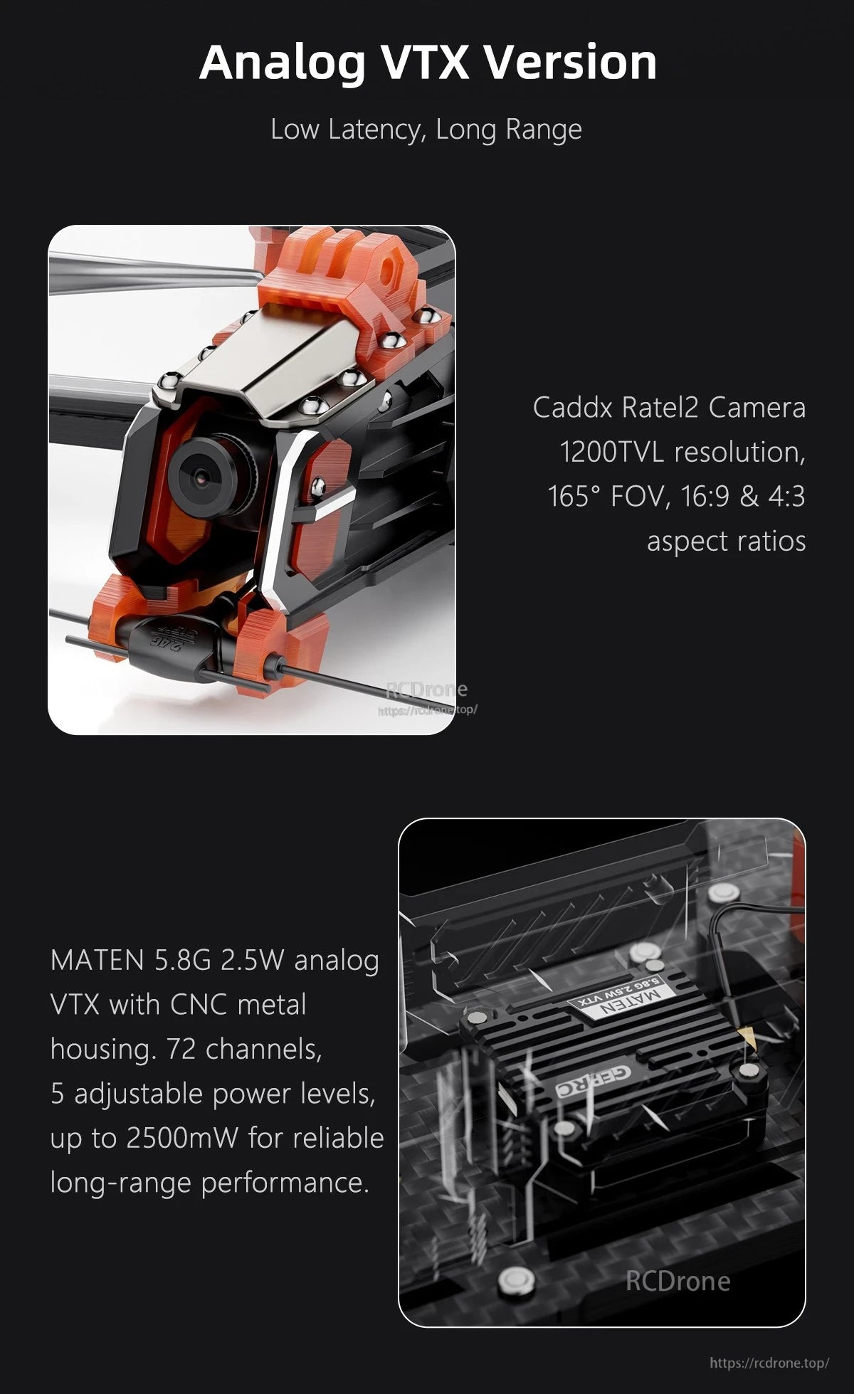 GEPRC MOZ7 V2 WTFPV, GEPRC MOZ7 V2 analog FPV drone close-up with Caddx Ratel2 camera and MATEN 5.8G 2.5W VTX module