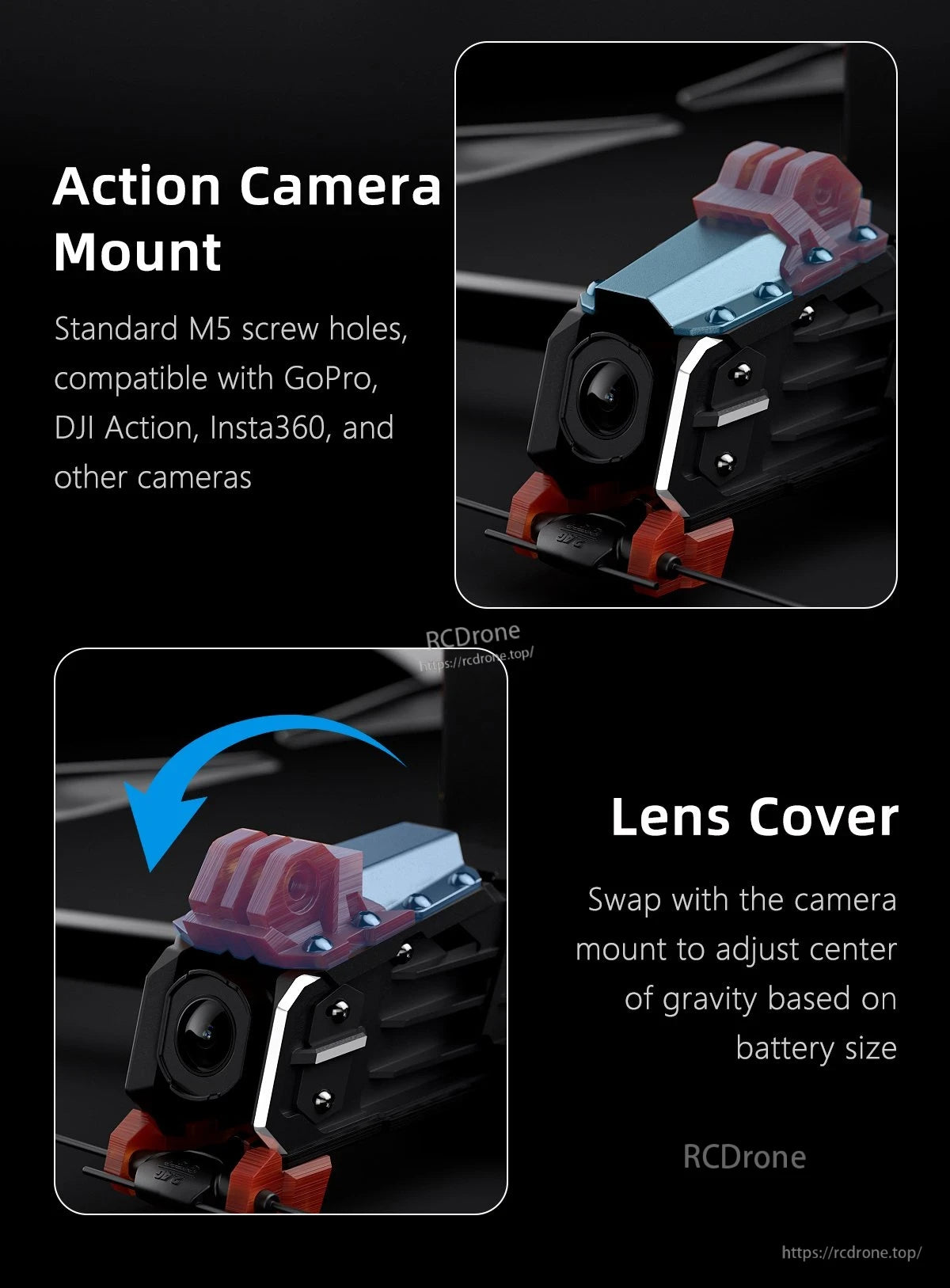 GEPRC MOZ7 V2 WTFPV, GEPRC MOZ7 V2 FPV action camera mount with M5 screw holes and swappable lens cover on the front bracket