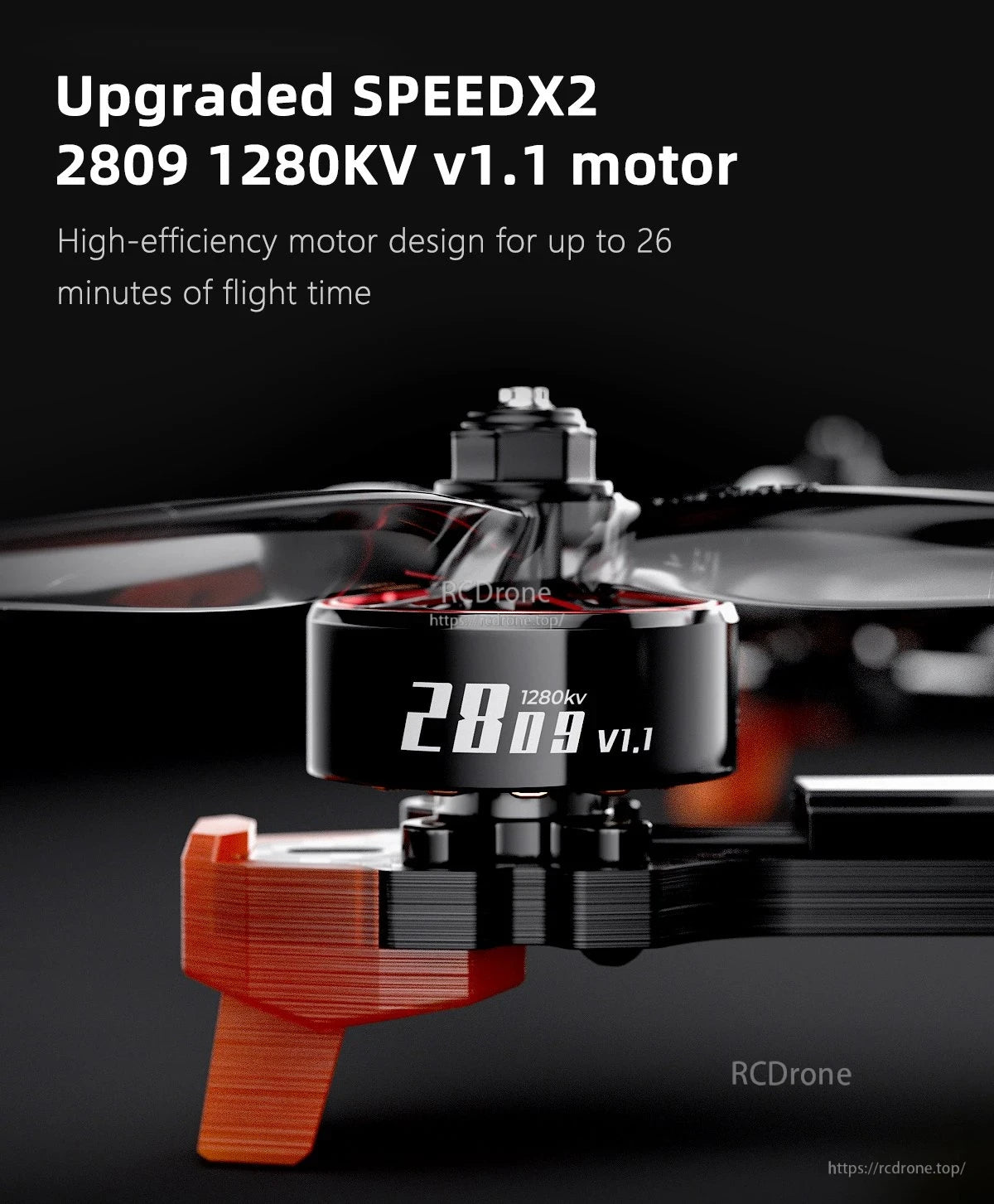 GEPRC MOZ7 V2 WTFPV, Close-up of GEPRC MOZ7 V2 drone motor labeled SPEEDX2 2809 1280KV v1.1 mounted on the arm