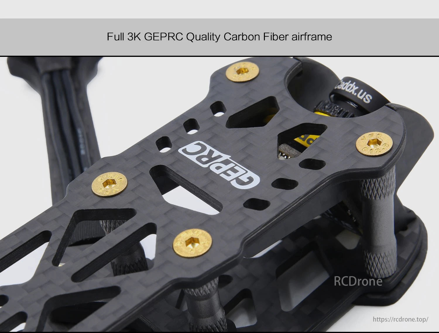 GEPRC Mark4 FPV Drone features a 3K carbon fiber airframe, gold screws, and a sleek design for enhanced performance and aesthetics.
