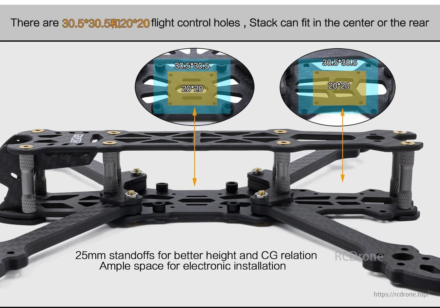 GEPRC Mark4 FPV Drone features 30.5x30.5 & 20x20 flight control holes, stack compatibility, and 25mm standoffs for easy electronics integration.