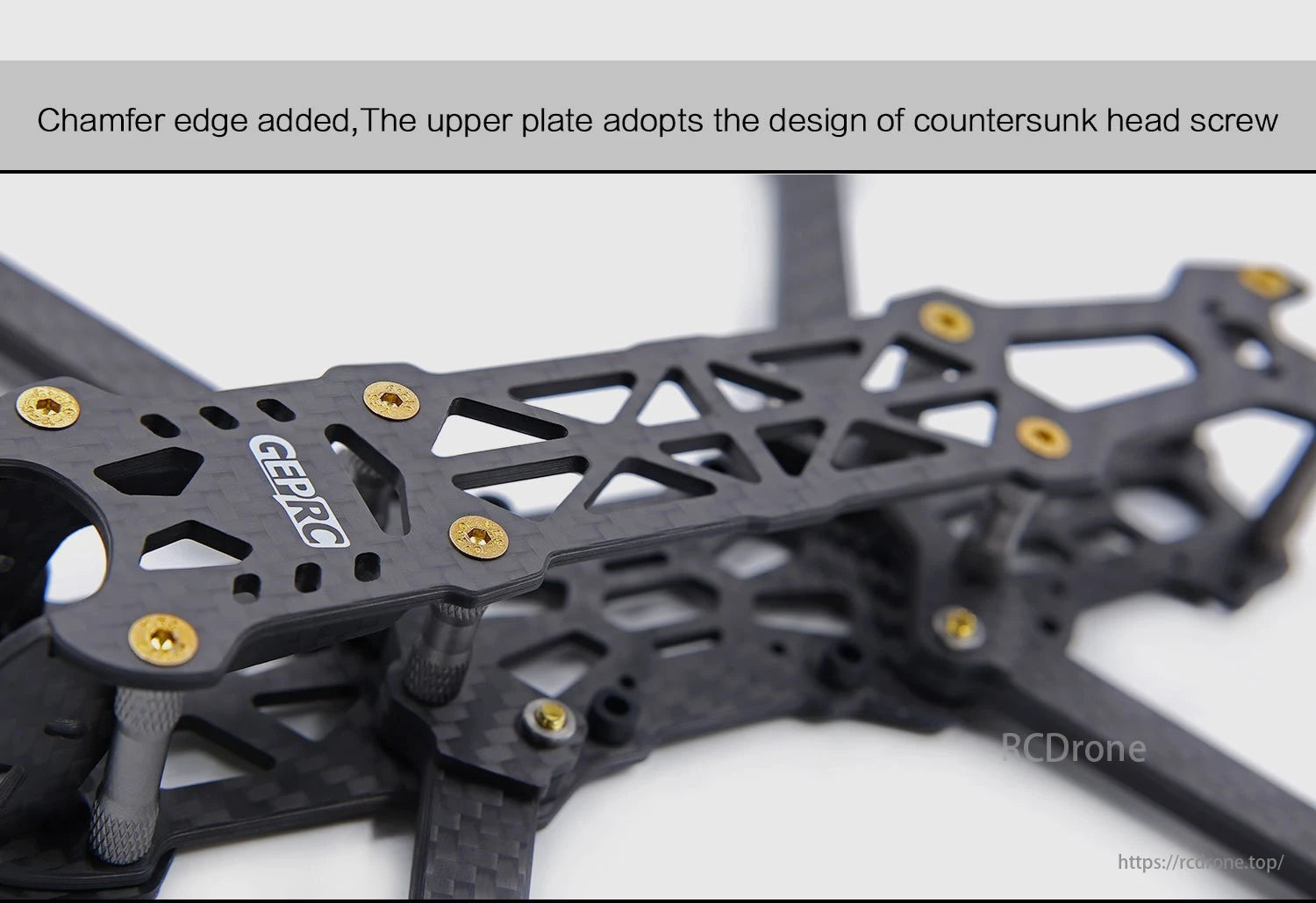 The GEPRC Mark4 FPV Drone features a chamfer edge design and countersunk head screws on the upper plate for a sleek, aerodynamic look.
