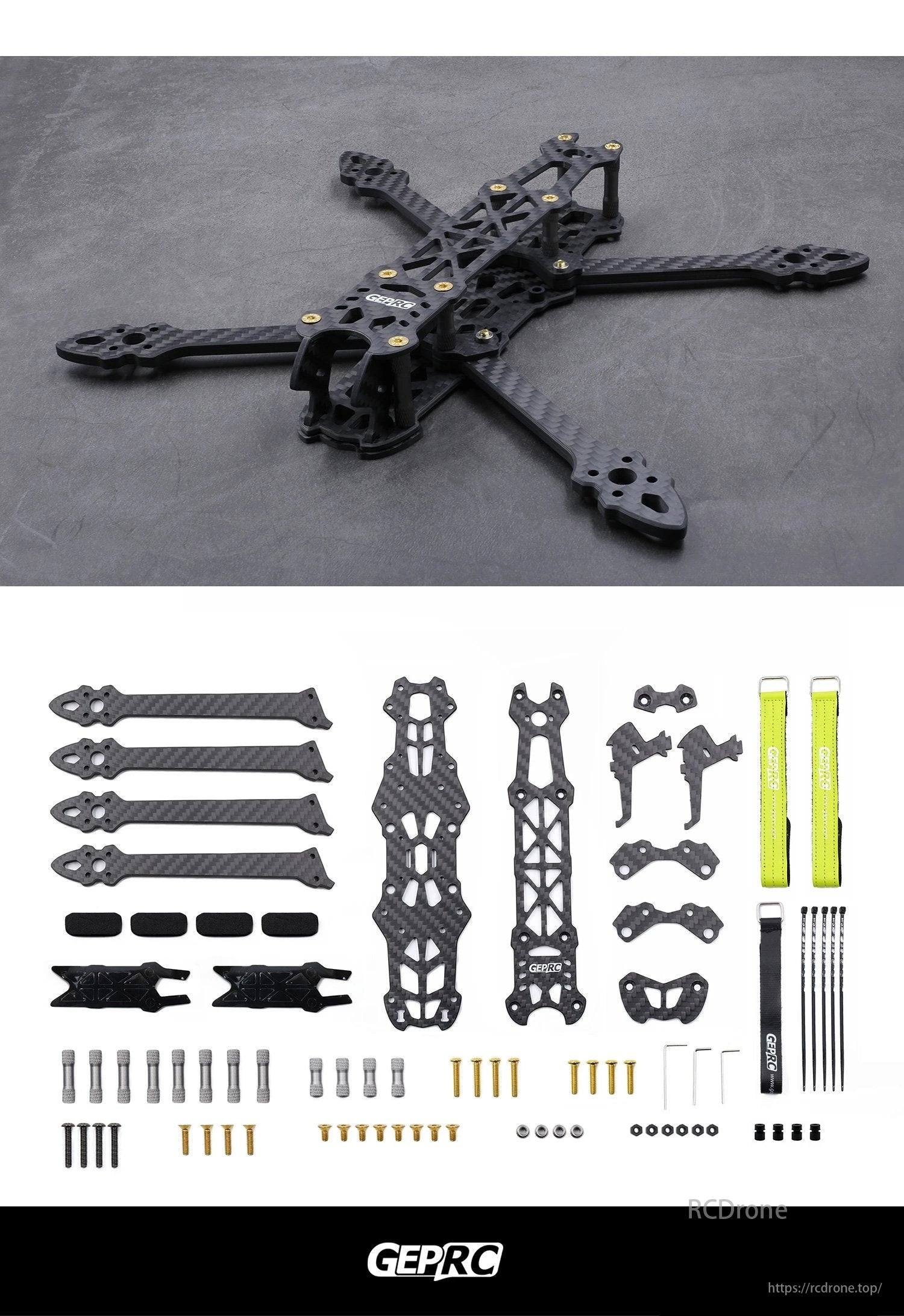 GEPRC Mark4 FPV Drone frame kit comprises arms, plates, screws, and straps for assembly.
