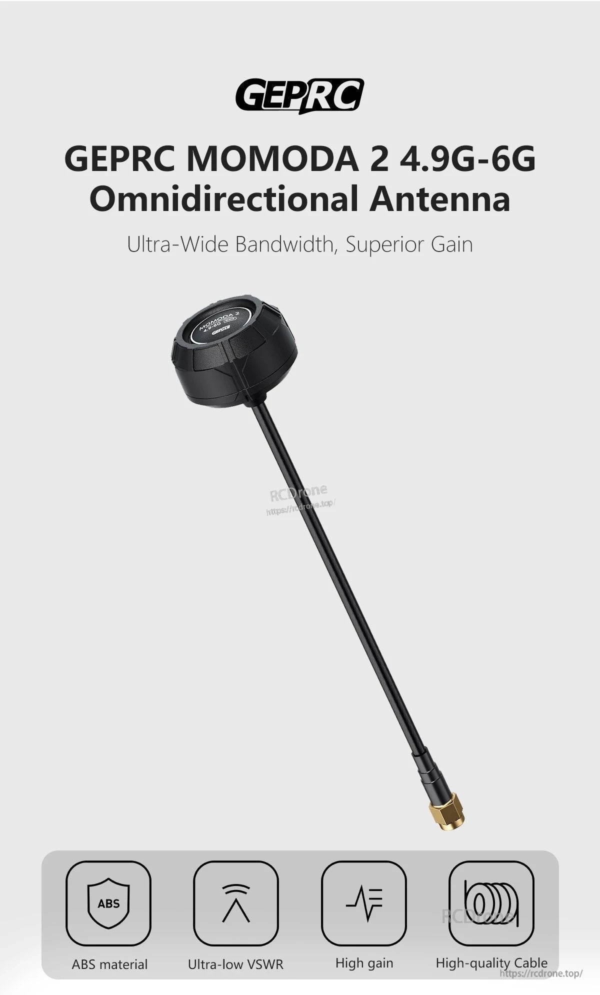 GEPRC Momoda2 4.9G-6G Omnidirectional Antenna, GEPRC Momoda 2 4.9G-6G omnidirectional antenna with black ABS radome, long coax cable, and gold RF connector