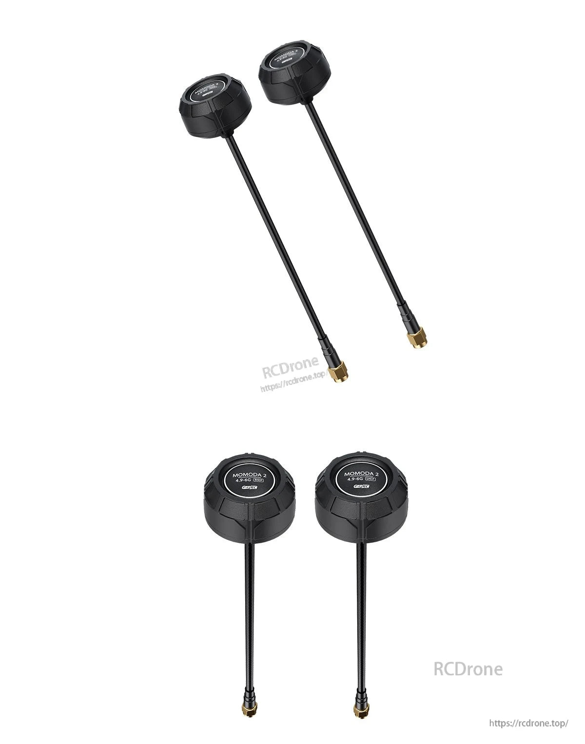 GEPRC Momoda2 4.9G-6G Omnidirectional Antenna, Pair of GEPRC Momoda2 4.9–6.0GHz omnidirectional antennas with puck housings, long coax leads, and gold connectors