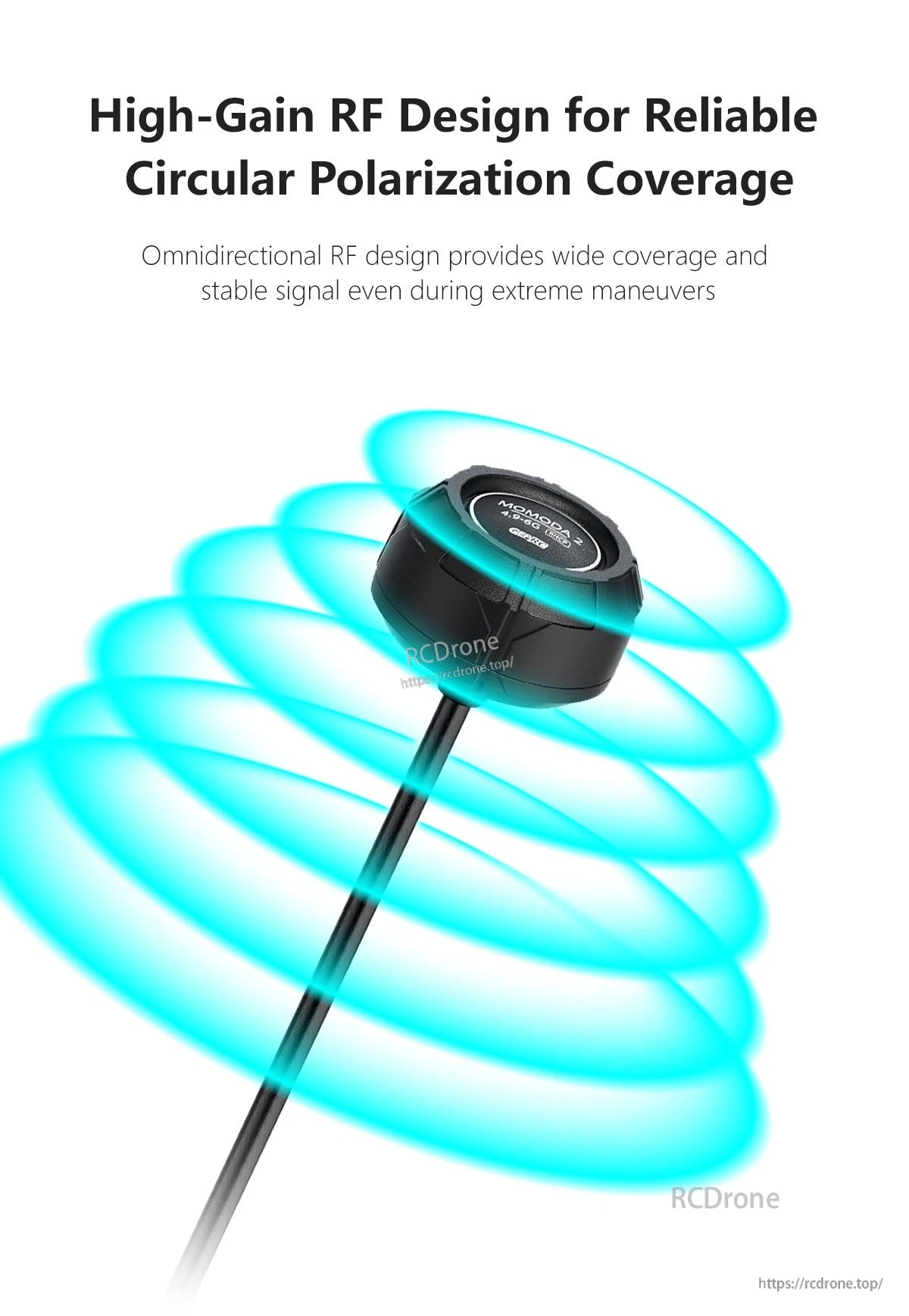 GEPRC Momoda2 4.9G-6G Omnidirectional Antenna, GEPRC Momoda2 4.9–6G omnidirectional circular-polarized RF antenna with black puck housing and coax lead