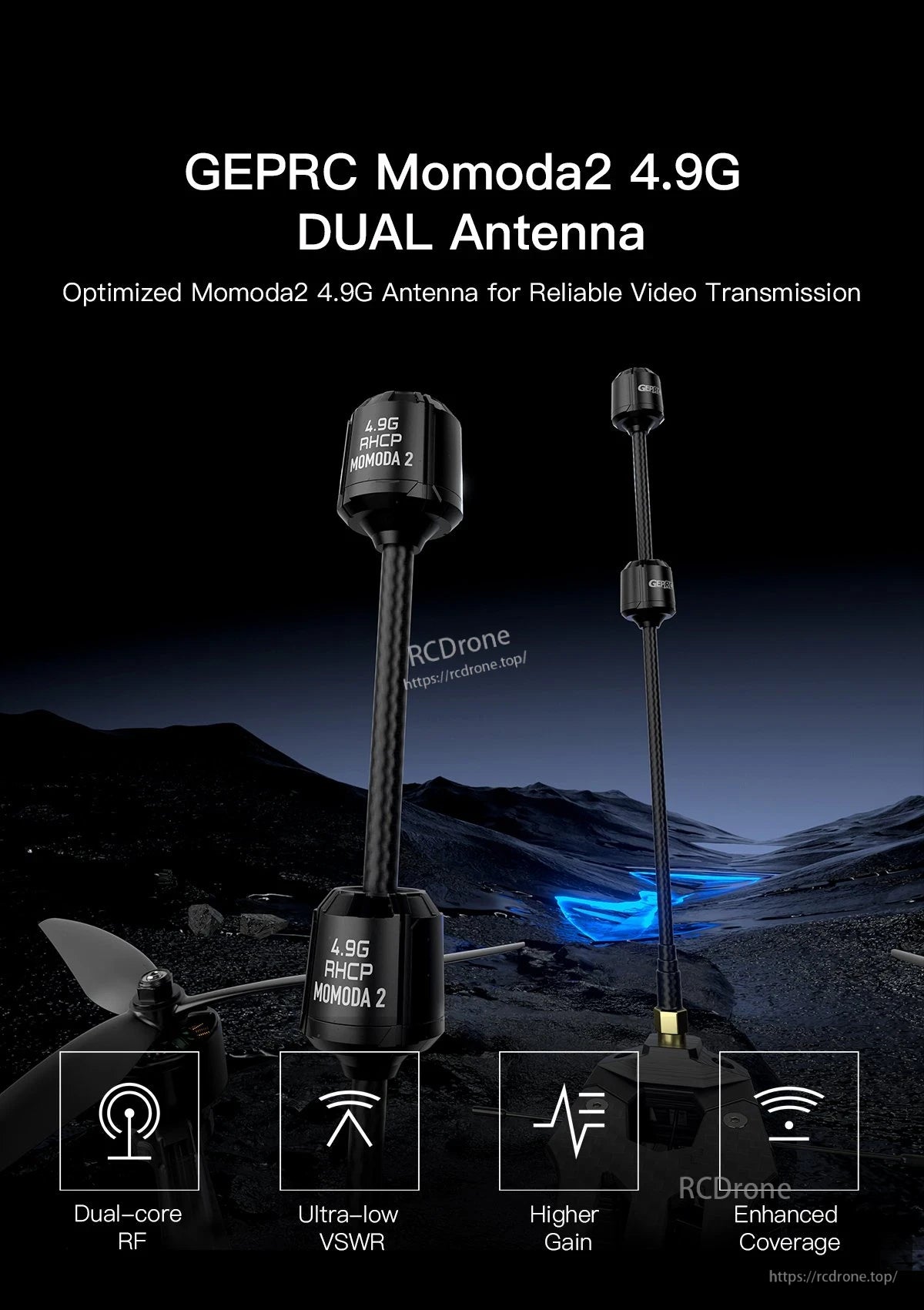 GEPRC Momoda2 4.9G DUAL Antenna, GEPRC Momoda2 4.9G dual RHCP FPV antennas with long coax leads and black housings labeled “MOMODA 2”