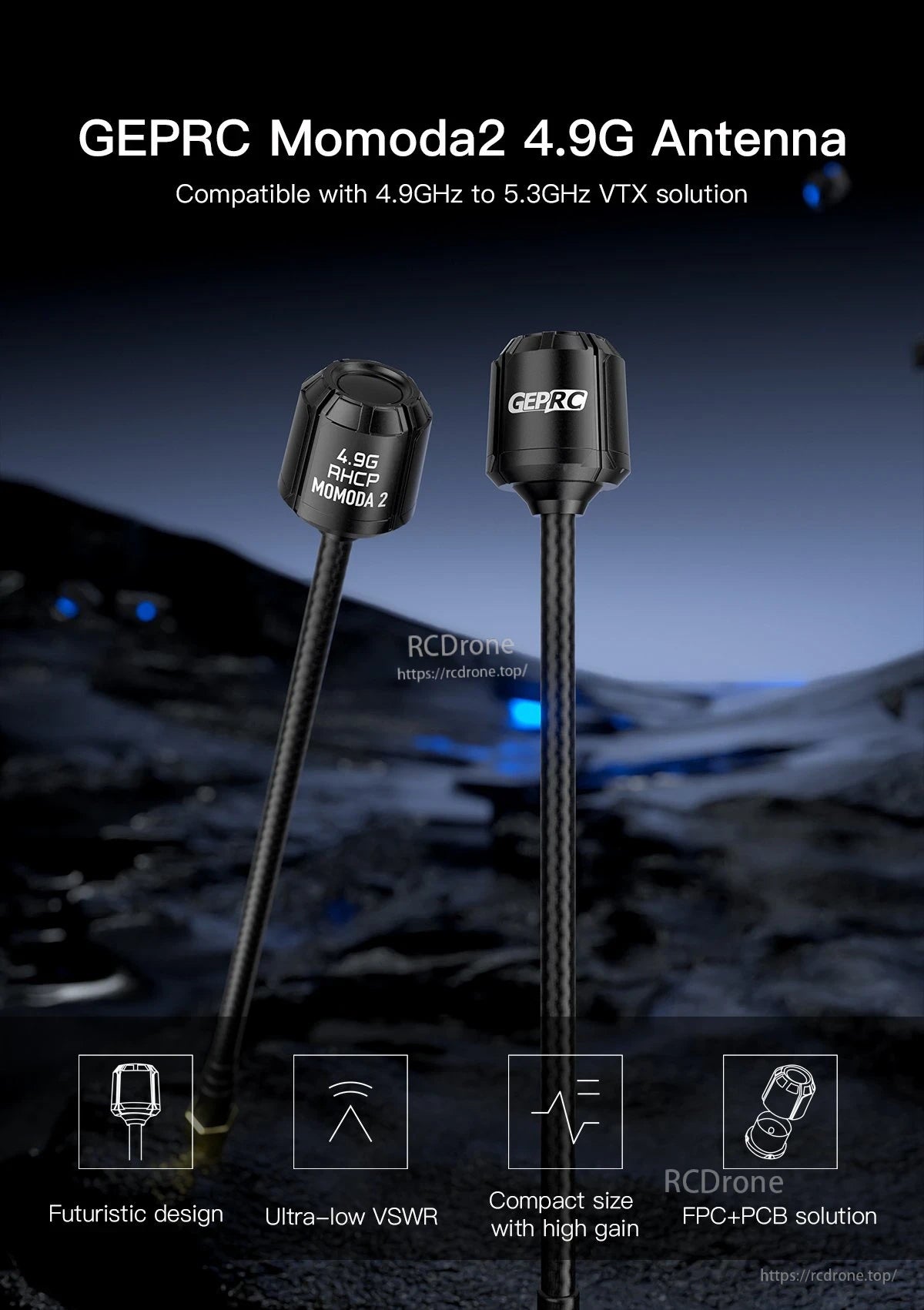 GEPRC Momoda2 4.9G FPV VTX Antenna, GEPRC Momoda2 4.9G RHCP FPV VTX antenna with compact black housing and flexible coax lead