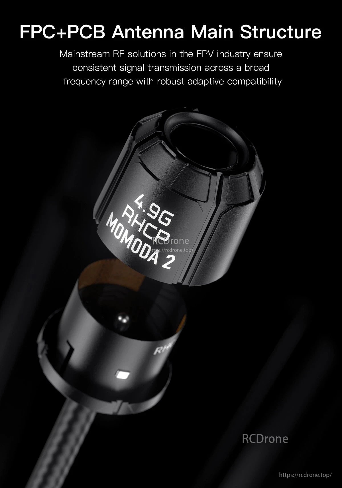 GEPRC Momoda2 4.9G FPV VTX Antenna, Close-up of GEPRC Momoda 2 4.9G RHCP FPV VTX antenna head with protective housing