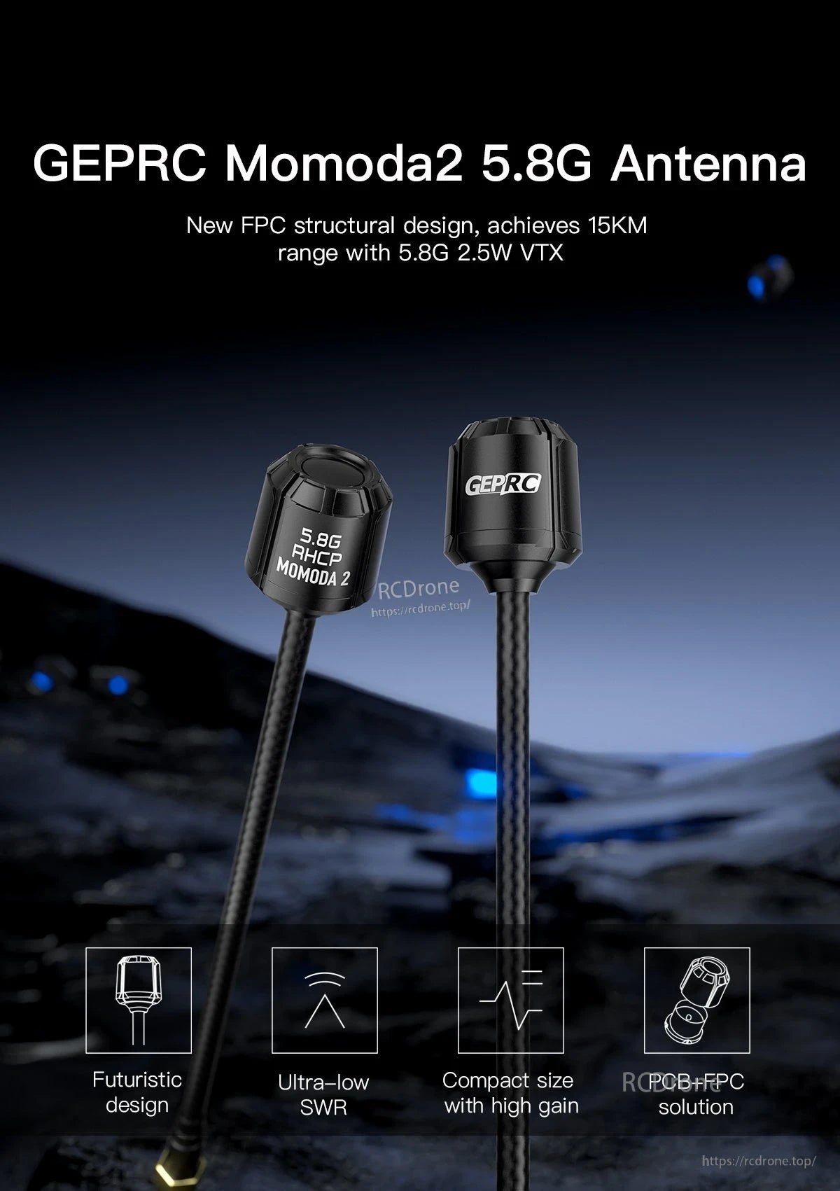 GEPRC Momoda2 5.8G Antenna, GEPRC Momoda2 5.8G RHCP FPV antenna pair with compact black housings and coax leads