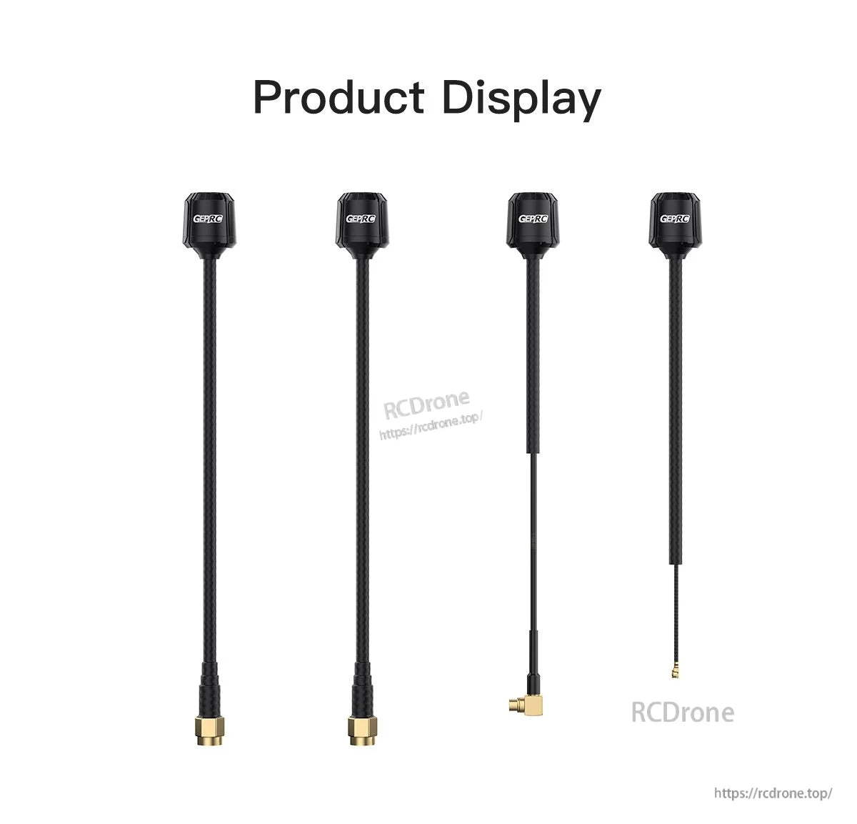 GEPRC Momoda2 5.8G Antenna, GEPRC Momoda2 5.8G FPV antenna lineup with long black coax cables and mixed straight and right-angle connectors