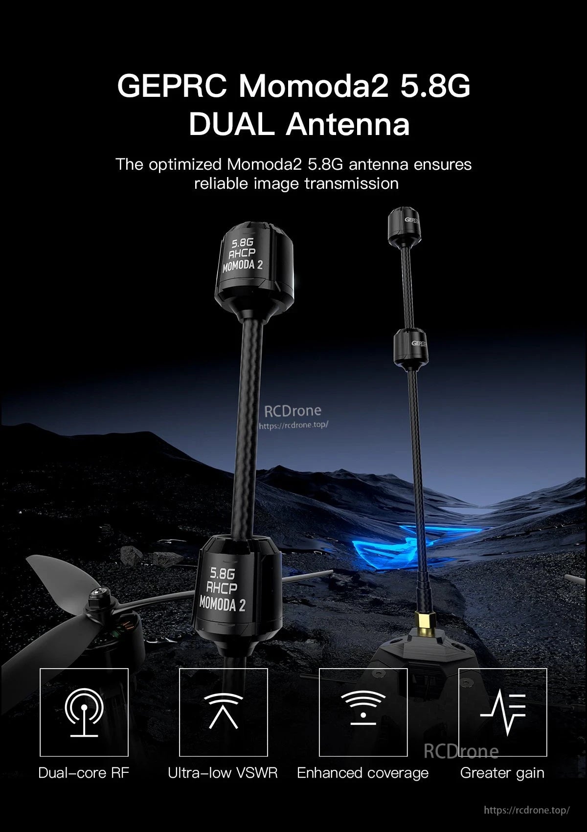 GEPRC Momoda2 5.8G dual antenna set, black RHCP FPV antennas in two lengths labeled “5.8G MOMODA 2”