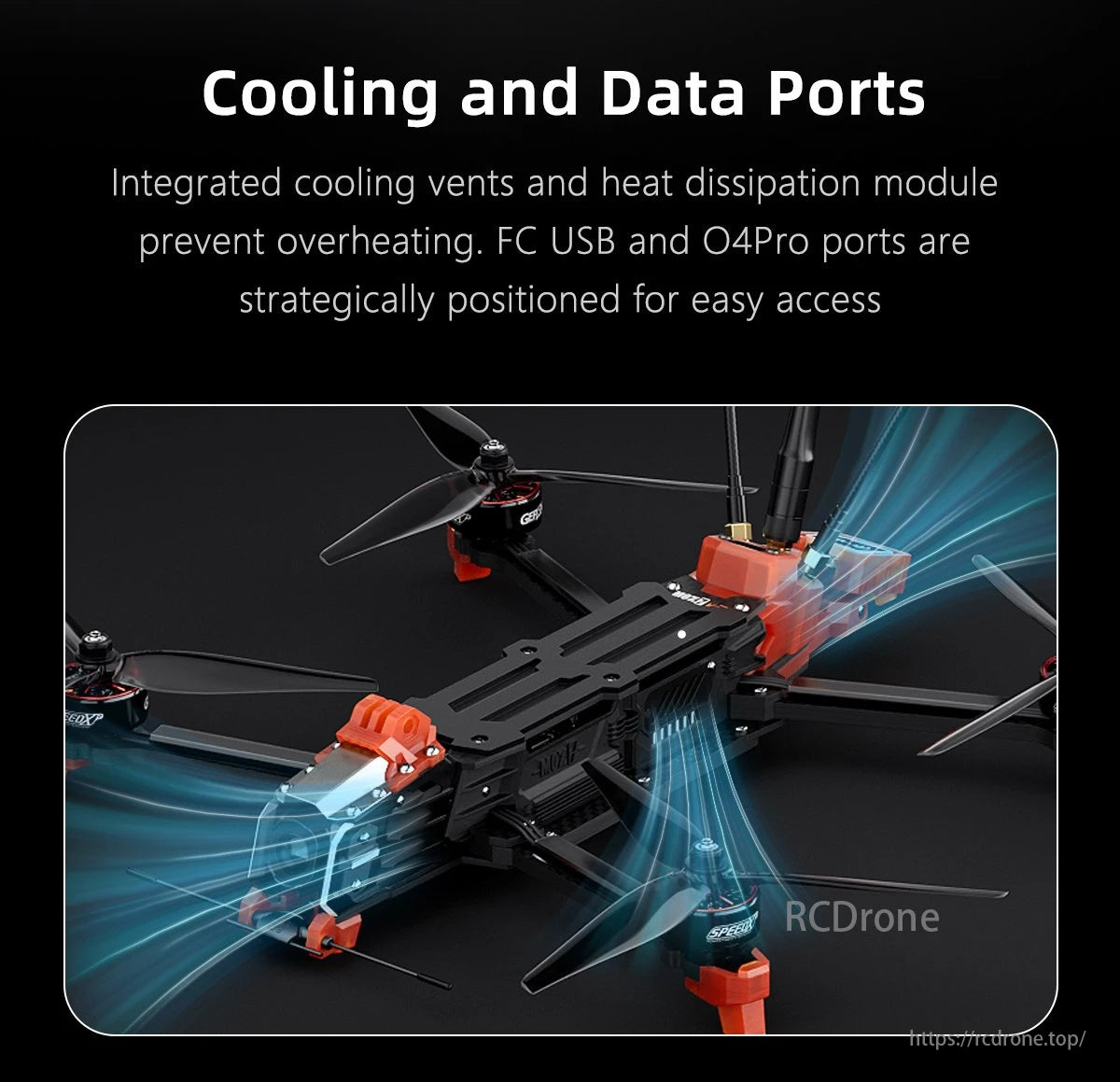 GEPRC Moz7 V2 DJI O4 Pro 7 Inch Long Range FPV, Drone with cooling vents, heat dissipation, and accessible FC USB/O4Pro ports.
