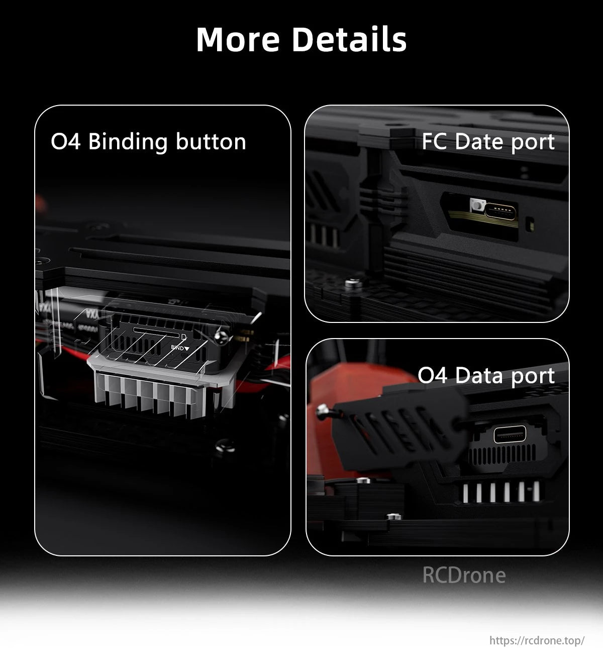 GEPRC Moz7 V2 DJI O4 Pro 7 Inch Long Range FPV, The image showcases a device with the O4 Binding button, FC Date port, and O4 Data port highlighted.