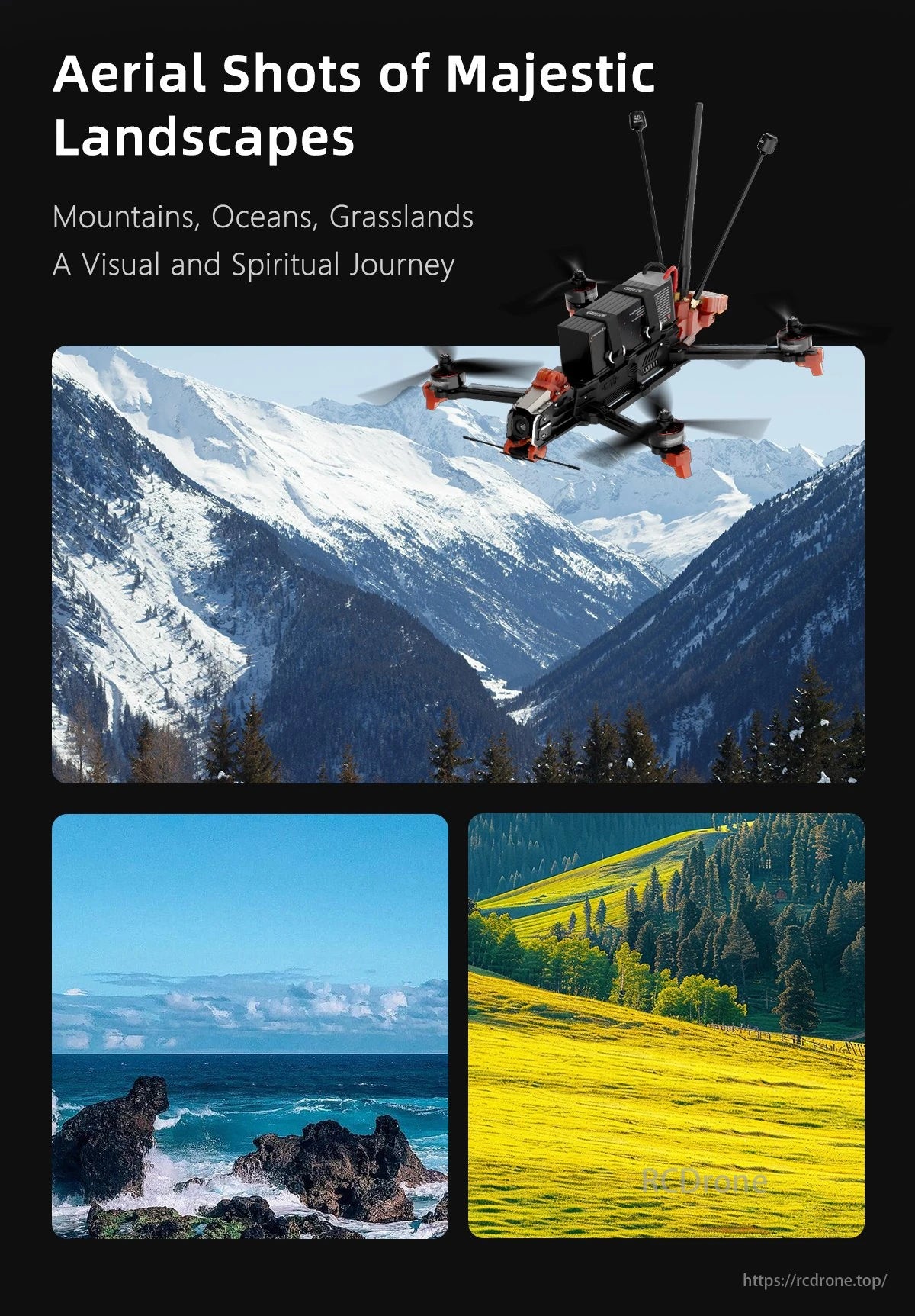 GEPRC Moz7 V2 DJI O4 Pro 7 Inch Long Range FPV, Explore aerial views of diverse landscapes, featuring mountains, oceans, and grasslands, for an immersive visual and spiritual experience.