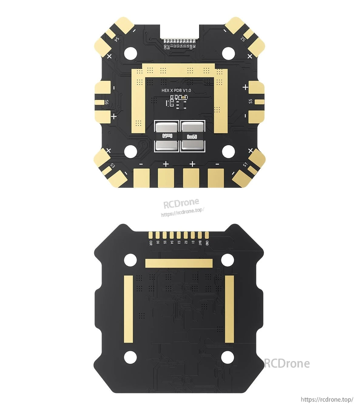 GEPRC PDB, HEX X PDB V1.0 is a drone power distribution board with labeled terminals and gold-plated contacts.