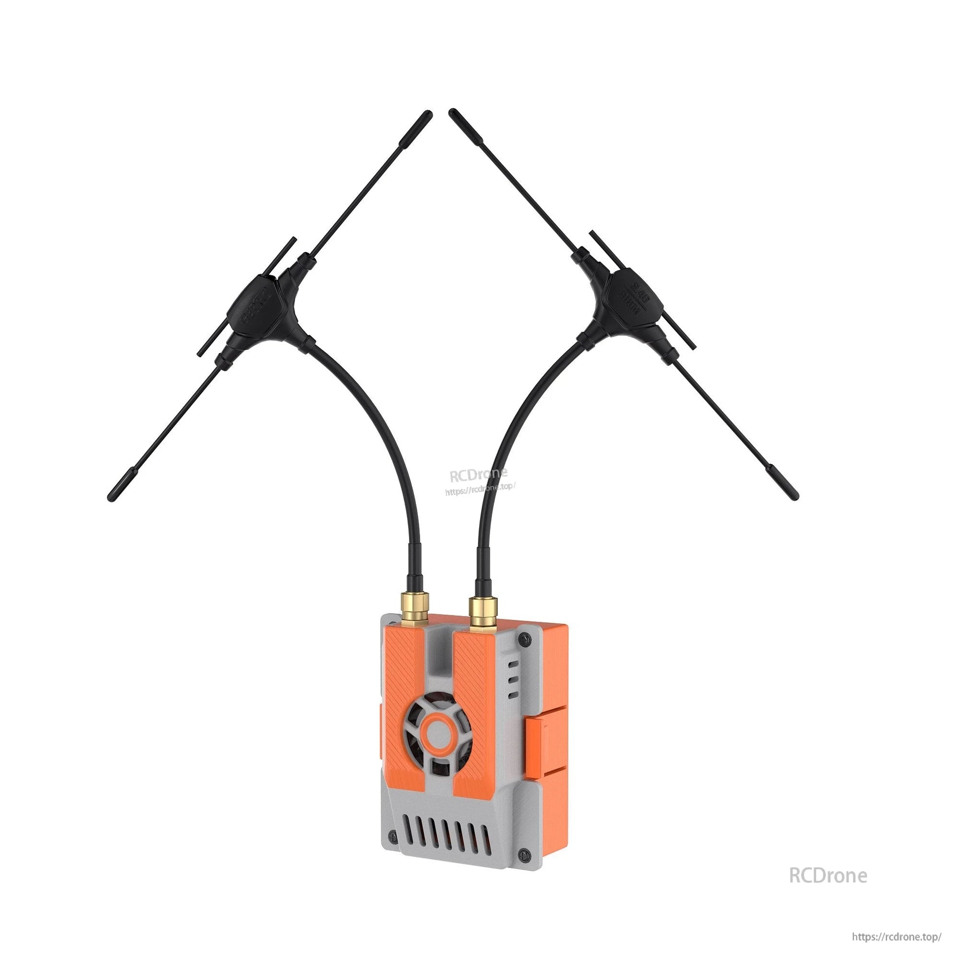 GEPRC RX as TX JR-Bay Modification Kit, GEPRC RX-as-TX JR bay modification module with orange case, cooling fan, and dual long antennas