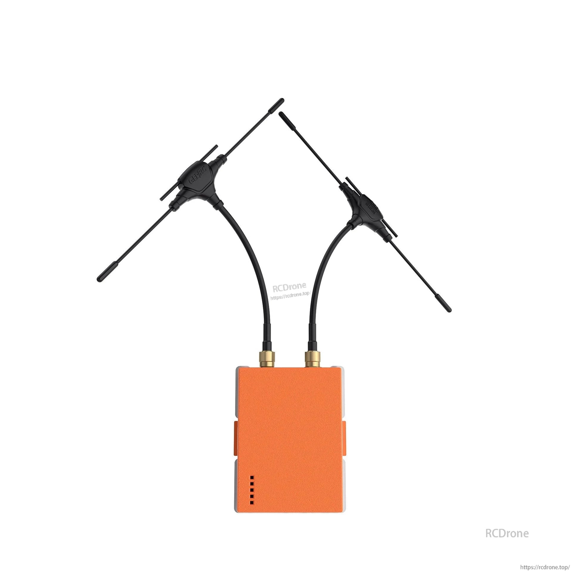 GEPRC RX as TX JR-Bay Modification Kit, GEPRC JR-bay modification kit transmitter module with orange case, dual SMA antennas, and side buttons