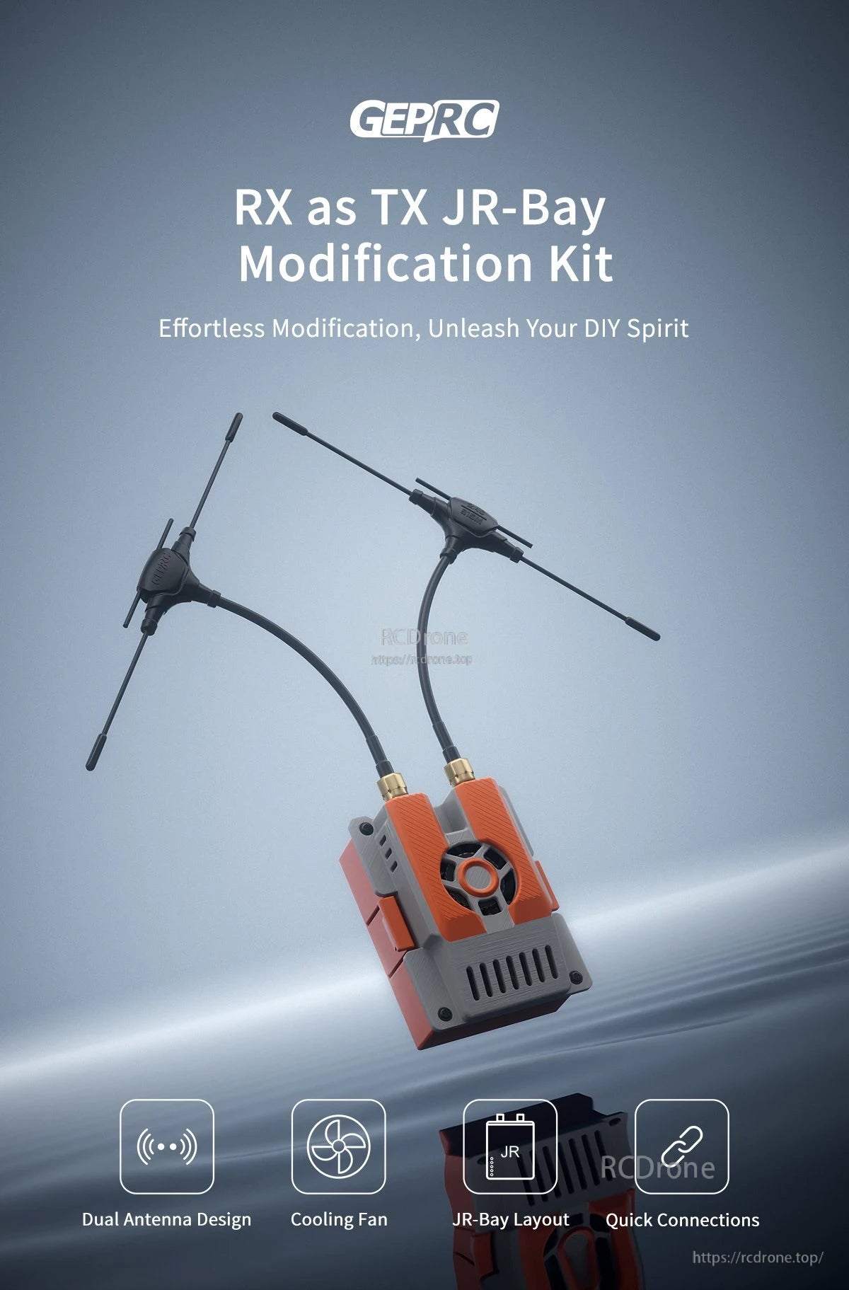 GEPRC RX as TX JR-Bay modification kit module with dual antennas, cooling fan grille, and orange-gray case