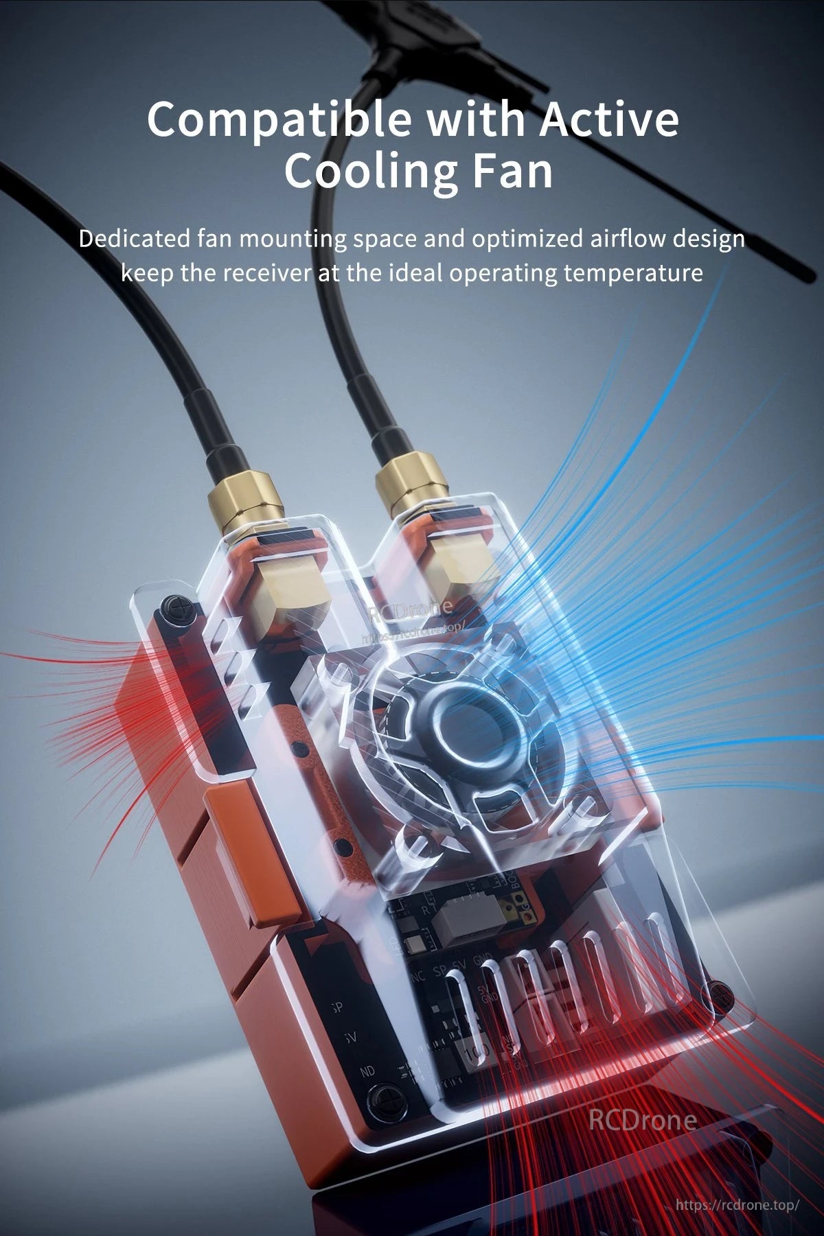 GEPRC RX as TX JR-Bay Modification Kit, GEPRC JR-bay RX-as-TX modification module with dual antenna leads and a top-mounted active cooling fan