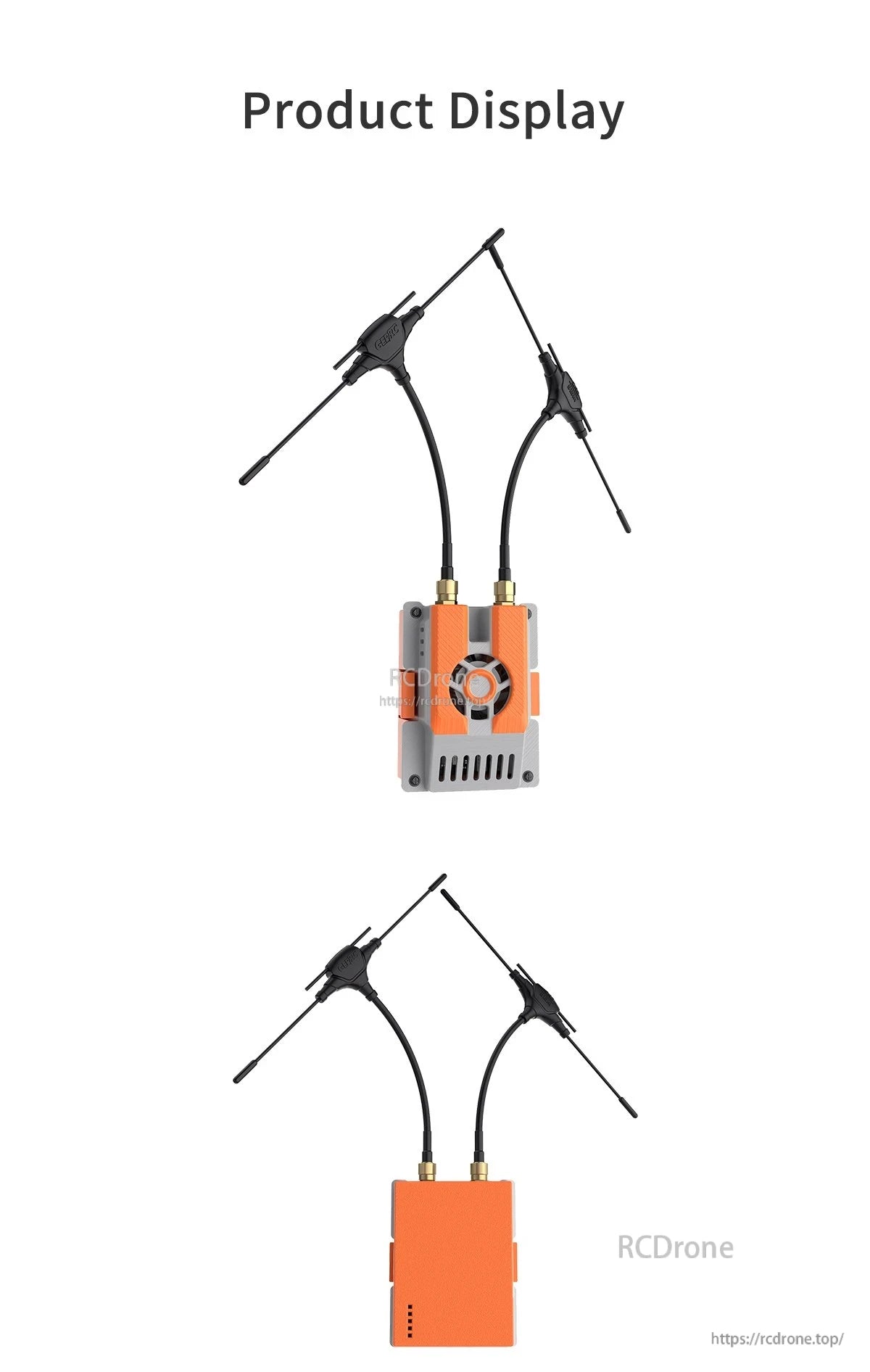 GEPRC RX as TX JR-bay modification kit module with orange housing, cooling vent, and two dual-band antennas