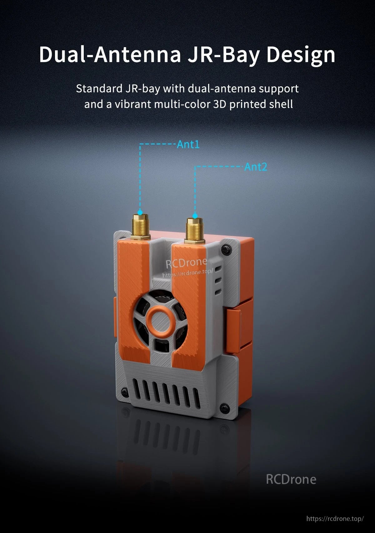 GEPRC RX as TX JR-Bay Modification Kit, GEPRC JR-bay modification kit module with dual SMA antenna connectors and orange-gray 3D printed shell