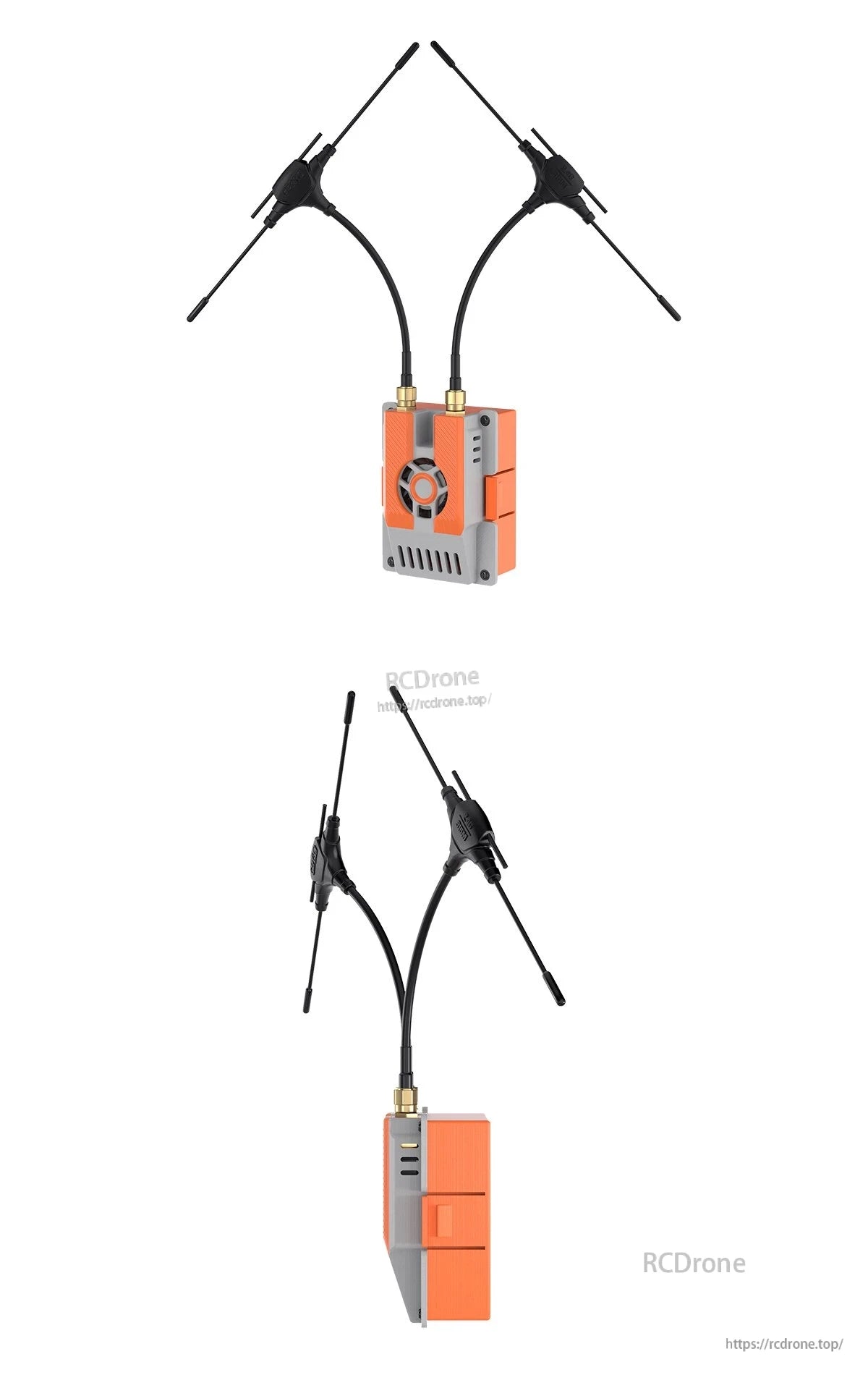 GEPRC RX as TX JR-bay modification kit module with orange case, cooling vents, and dual antenna cables