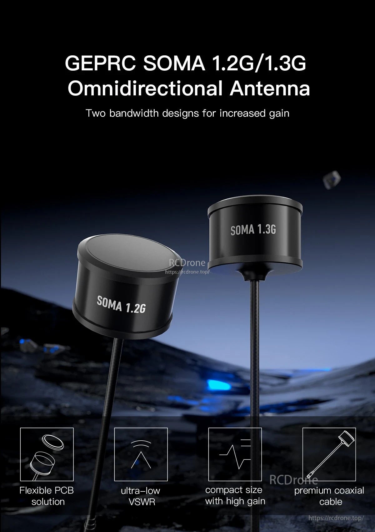GEPRC SOMA 1.2G/1.3G Antenna, GEPRC SOMA 1.2G/1.3G omnidirectional antenna with compact black housing and premium coaxial cable