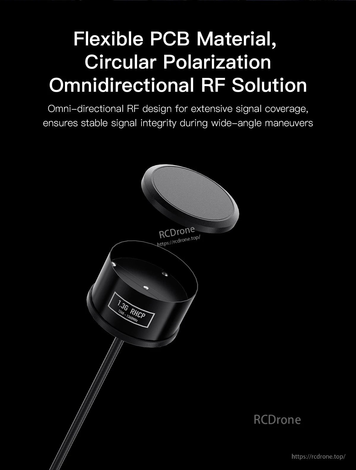 GEPRC SOMA 1.2G/1.3G Antenna, GEPRC SOMA 1.3G RHCP circular polarized omnidirectional antenna with puck-style housing and cable lead
