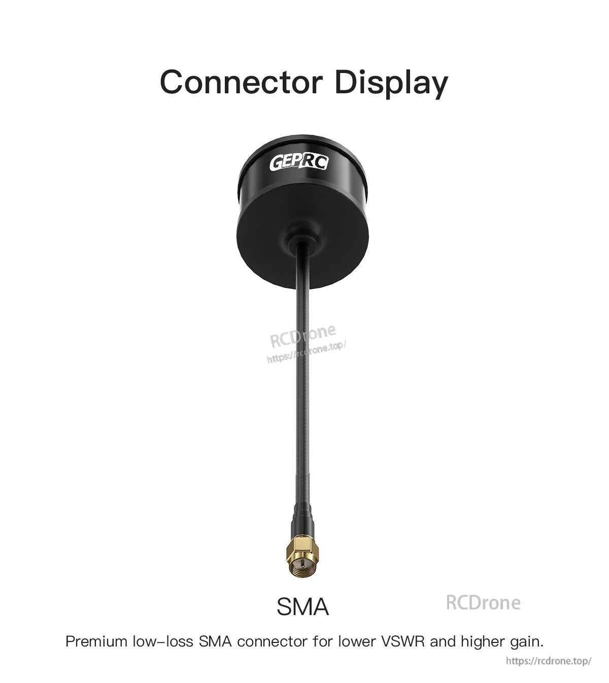 GEPRC SOMA 1.2G/1.3G antenna with SMA connector, short coax lead, and round black housing