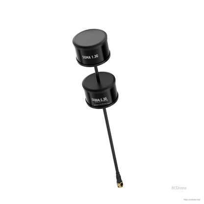 GEPRC SOMA 1.2G/1.3G Dual-Core RHCP SMA Antenna, GEPRC SOMA 1.3G RHCP dual-core antenna with two black cylindrical elements and SMA connector cable