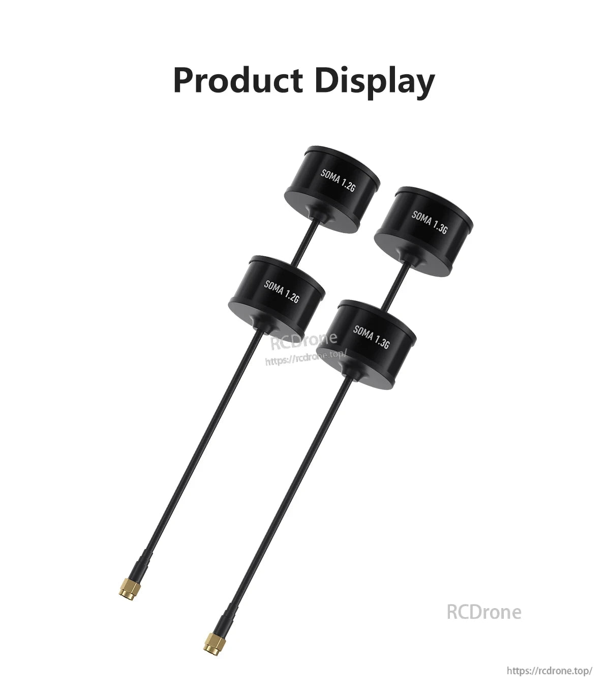 GEPRC SOMA 1.2G/1.3G Dual-Core RHCP SMA Antenna, GEPRC SOMA 1.2G/1.3G RHCP SMA antenna with black cylindrical radome, coax lead, and SMA connector