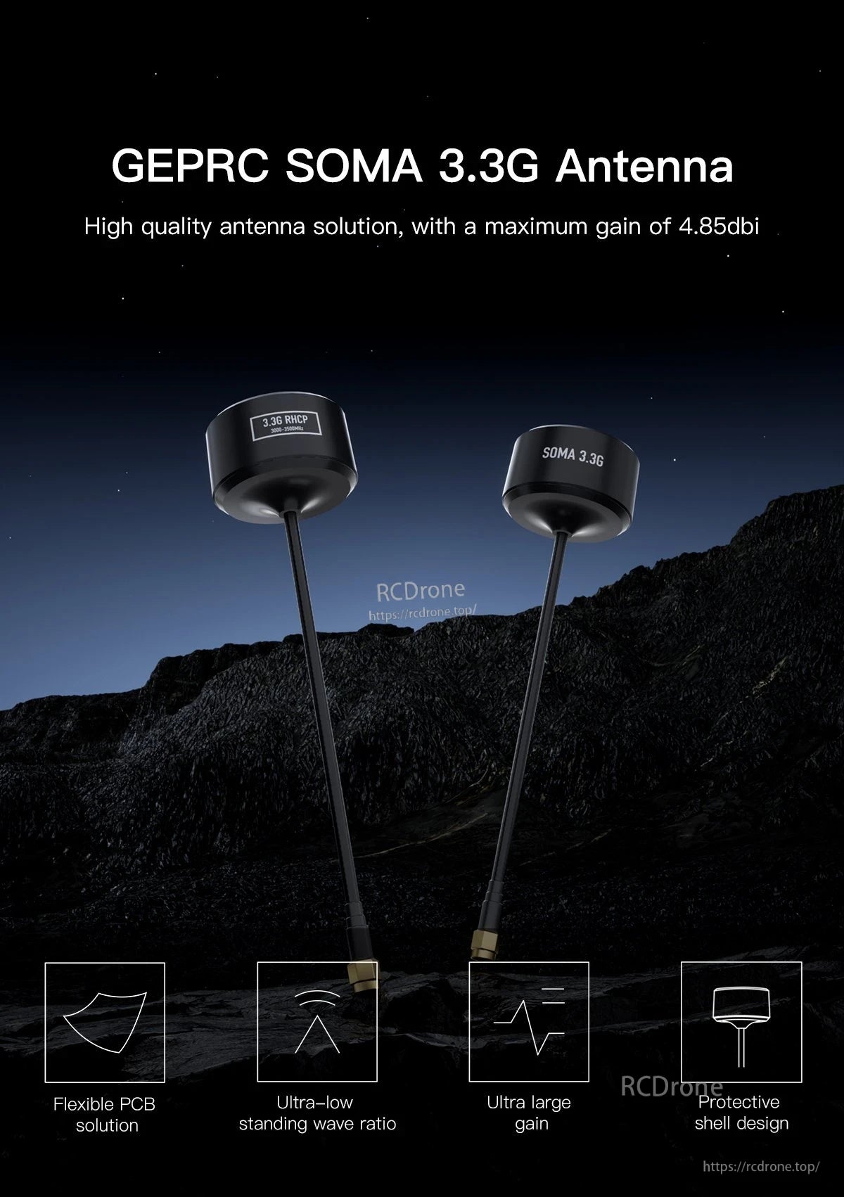 GEPRC SOMA 3.3G Antenna, GEPRC SOMA 3.3G RHCP antenna with protective shell and long coax lead, rated up to 4.85 dBi gain