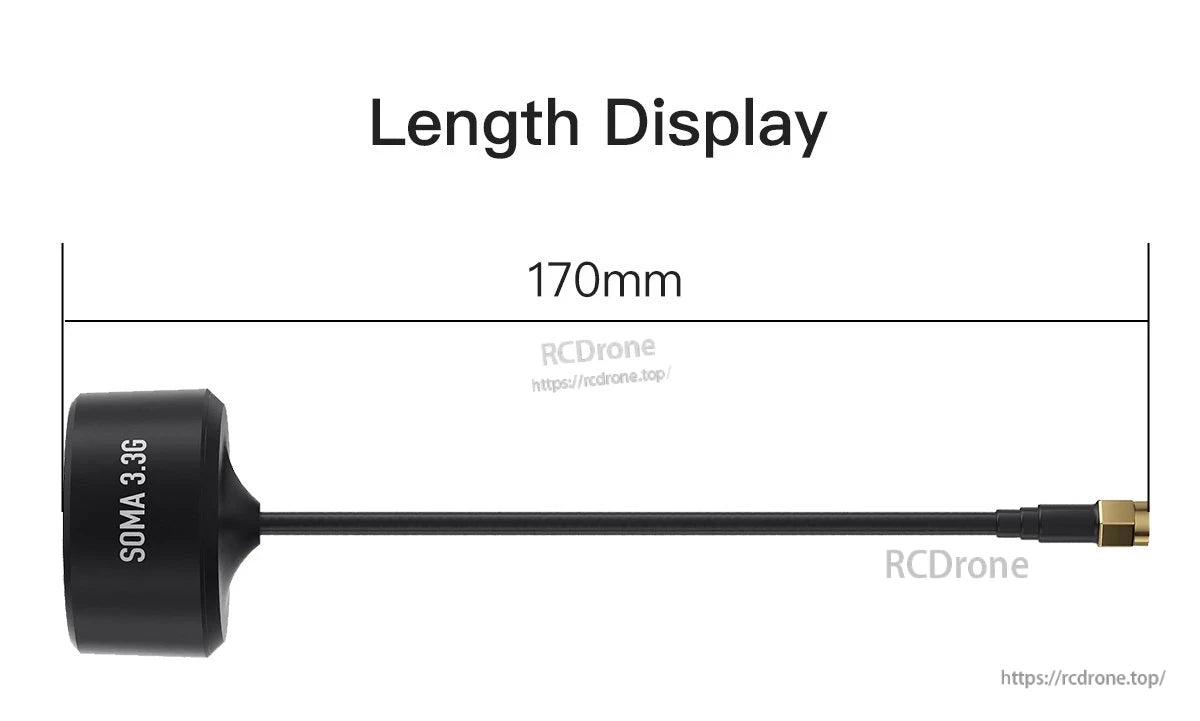 GEPRC SOMA 3.3G antenna with round black housing, 170mm coax cable lead, and gold SMA-style connector