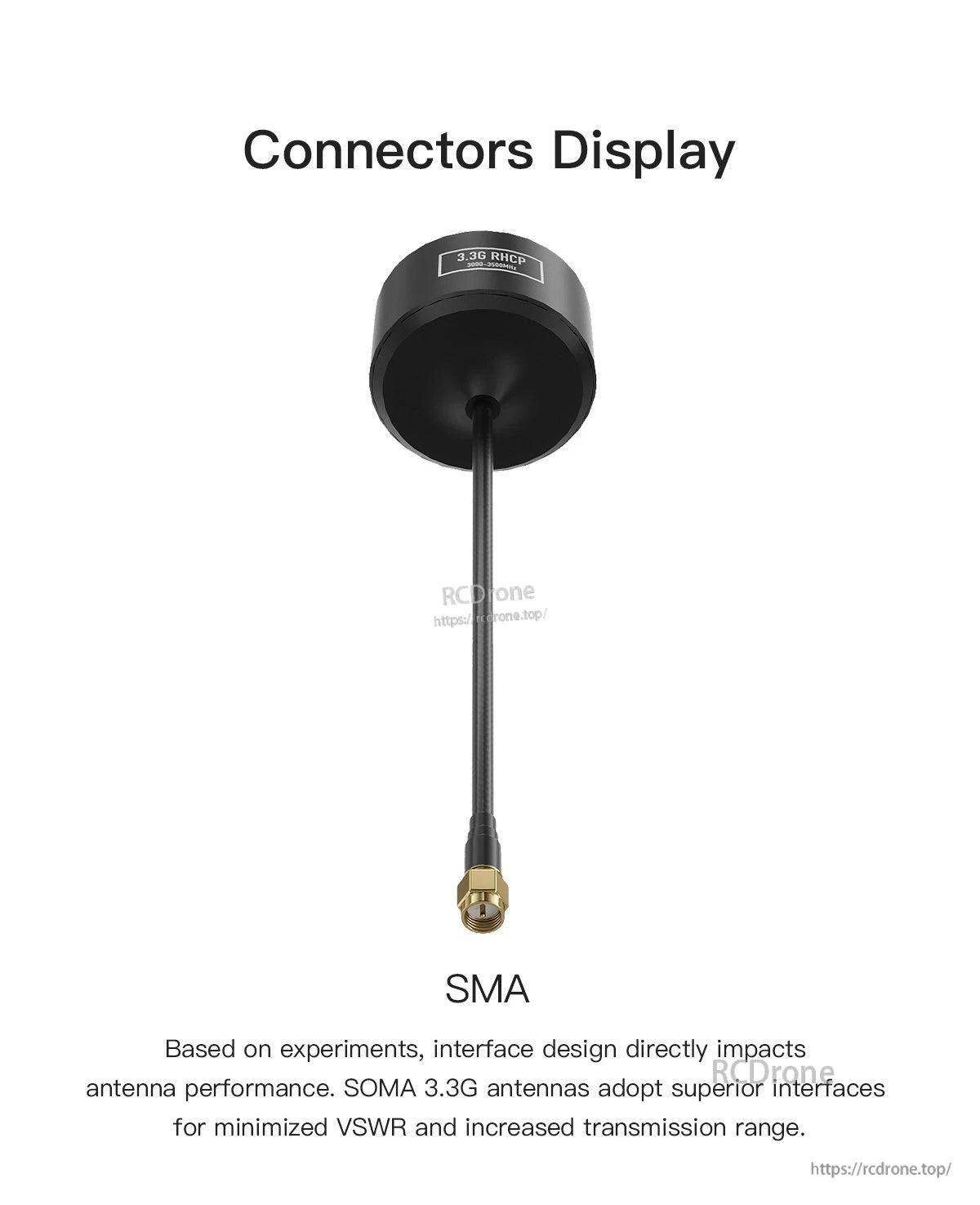GEPRC SOMA 3.3G Antenna, GEPRC SOMA 3.3G RHCP antenna with black cylindrical housing and SMA connector on coax cable