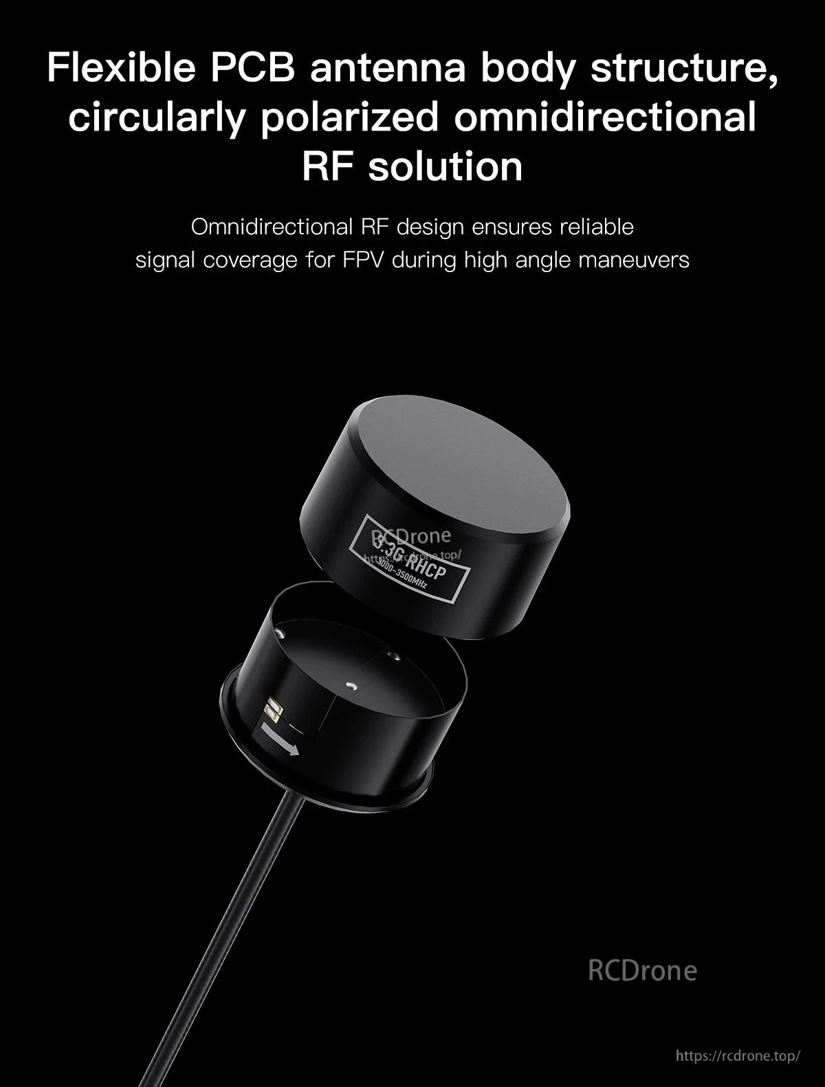 GEPRC SOMA 3.3G Antenna, GEPRC SOMA 3.3G RHCP FPV antenna module labeled 3000–3500MHz with compact cylindrical housing and coax lead