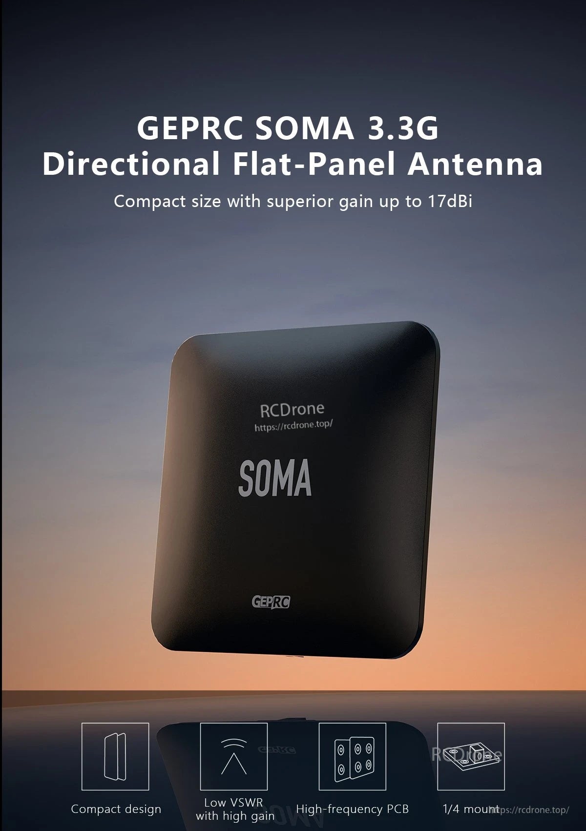 GEPRC SOMA 3.3G directional flat-panel antenna with black compact panel and 1/4 mount support