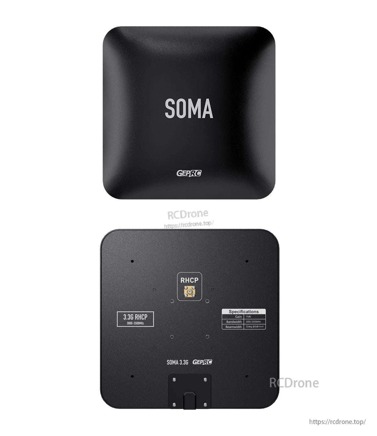 GEPRC SOMA 3.3G directional flat-panel antenna, front and back view with RHCP connector and mount