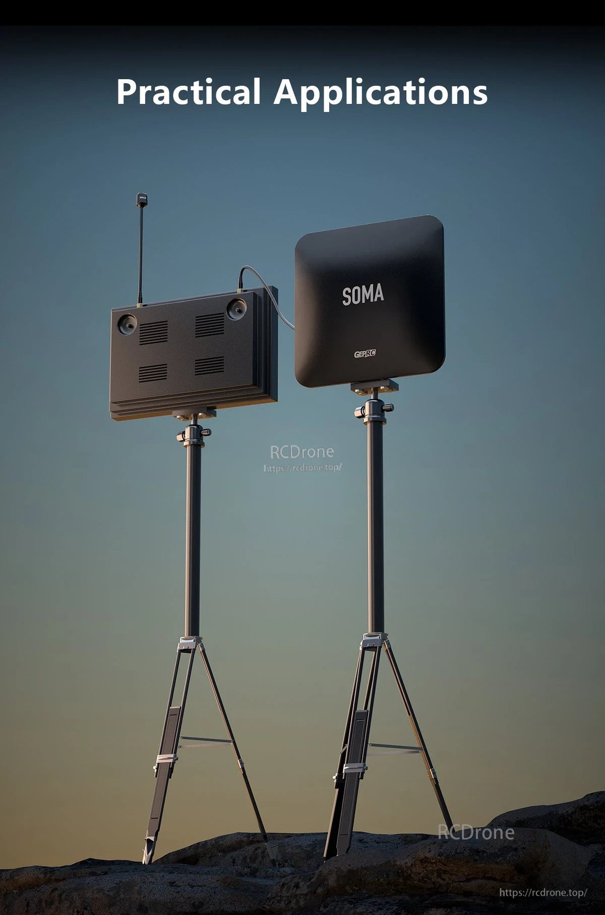GEPRC SOMA 3.3G Directional Flat-Panel Antenna, GEPRC SOMA directional flat-panel antenna on a tripod stand with cable connection, front and rear views
