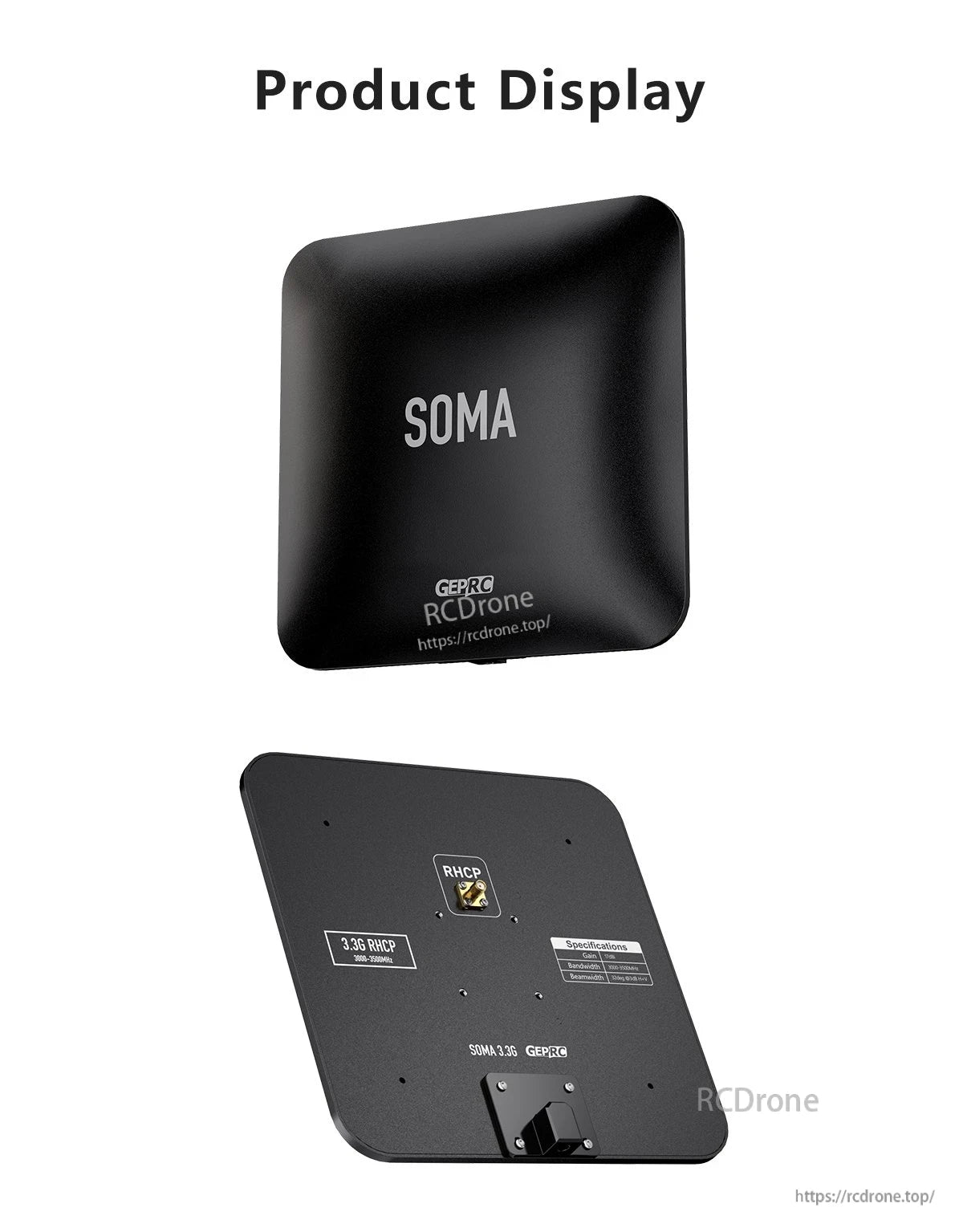 GEPRC SOMA 3.3G directional flat-panel antenna with RHCP connector, black square panel labeled 3000–3500MHz