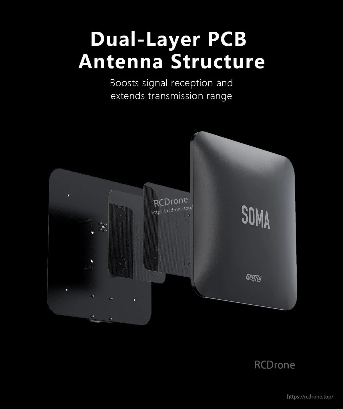 GEPRC SOMA 3.3G Directional Flat-Panel Antenna, GEPRC SOMA directional flat-panel antenna with dual-layer PCB structure shown in exploded view