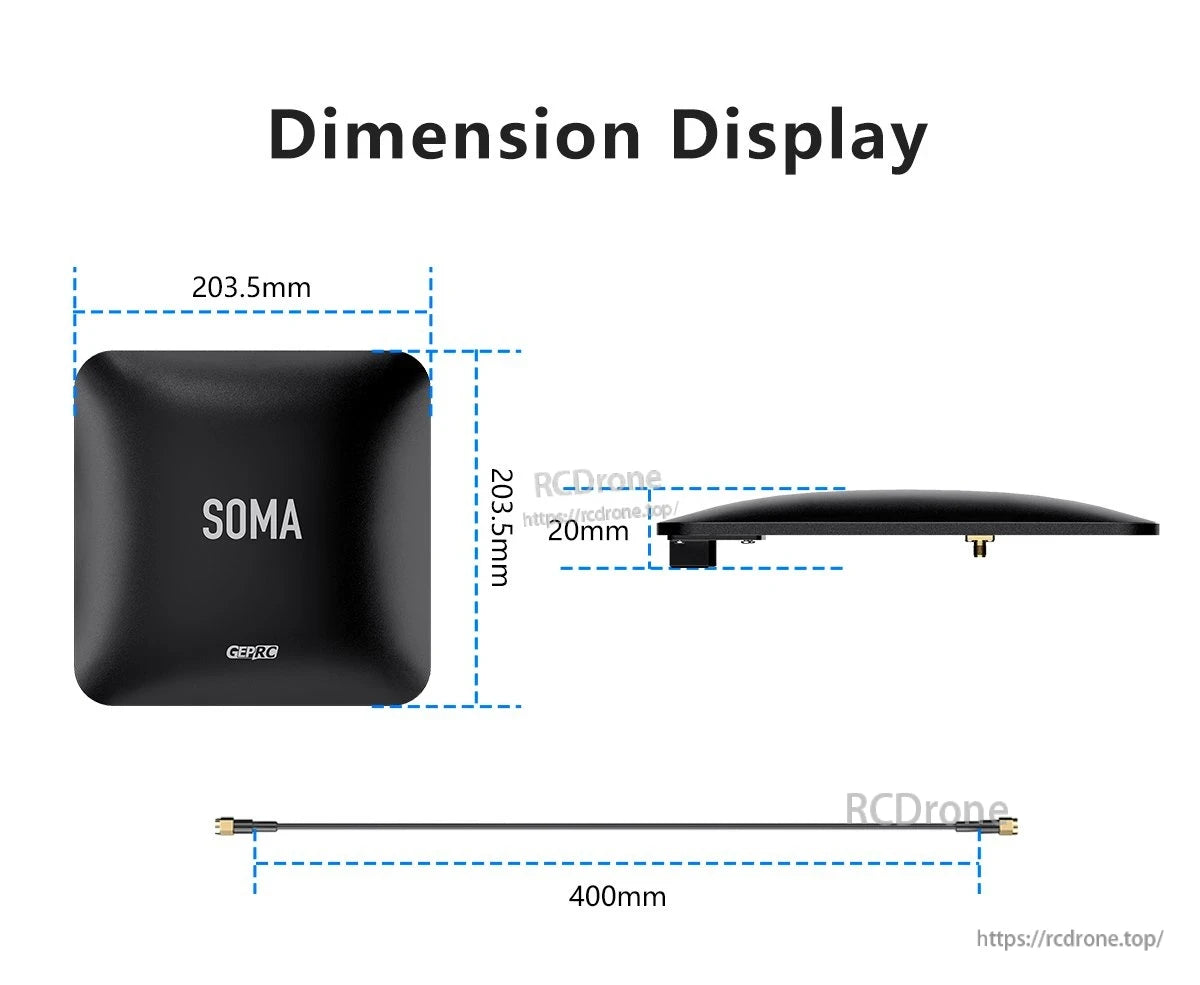GEPRC SOMA 3.3G Directional Flat-Panel Antenna, GEPRC SOMA directional flat-panel antenna size diagram, 203.5×203.5 mm panel, 20 mm thick with 400 mm cable