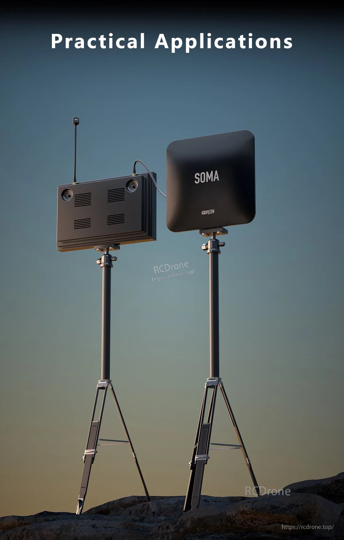 GEPRC SOMA 5.8G directional flat-panel antenna mounted on a tripod stand, with front and rear views