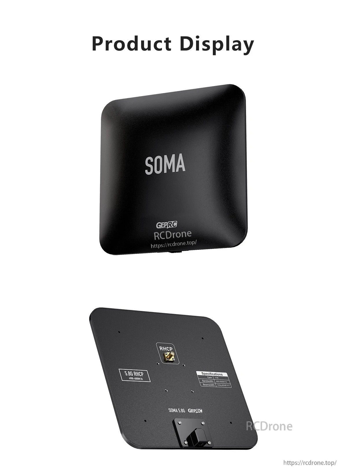 GEPRC SOMA 5.8G Directional Flat-Panel Antenna, GEPRC SOMA 5.8G flat-panel directional antenna with RHCP SMA connector, front and rear views in black