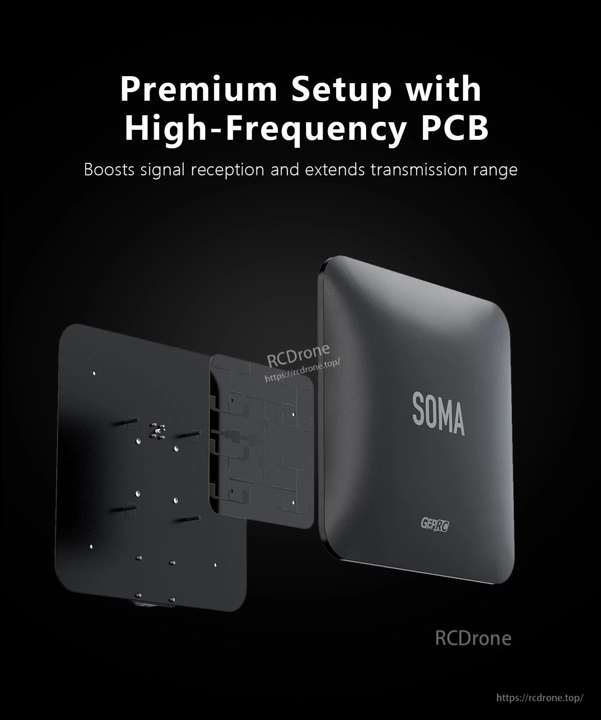 GEPRC SOMA 5.8G directional flat-panel antenna with exploded high-frequency PCB layers and slim square housing