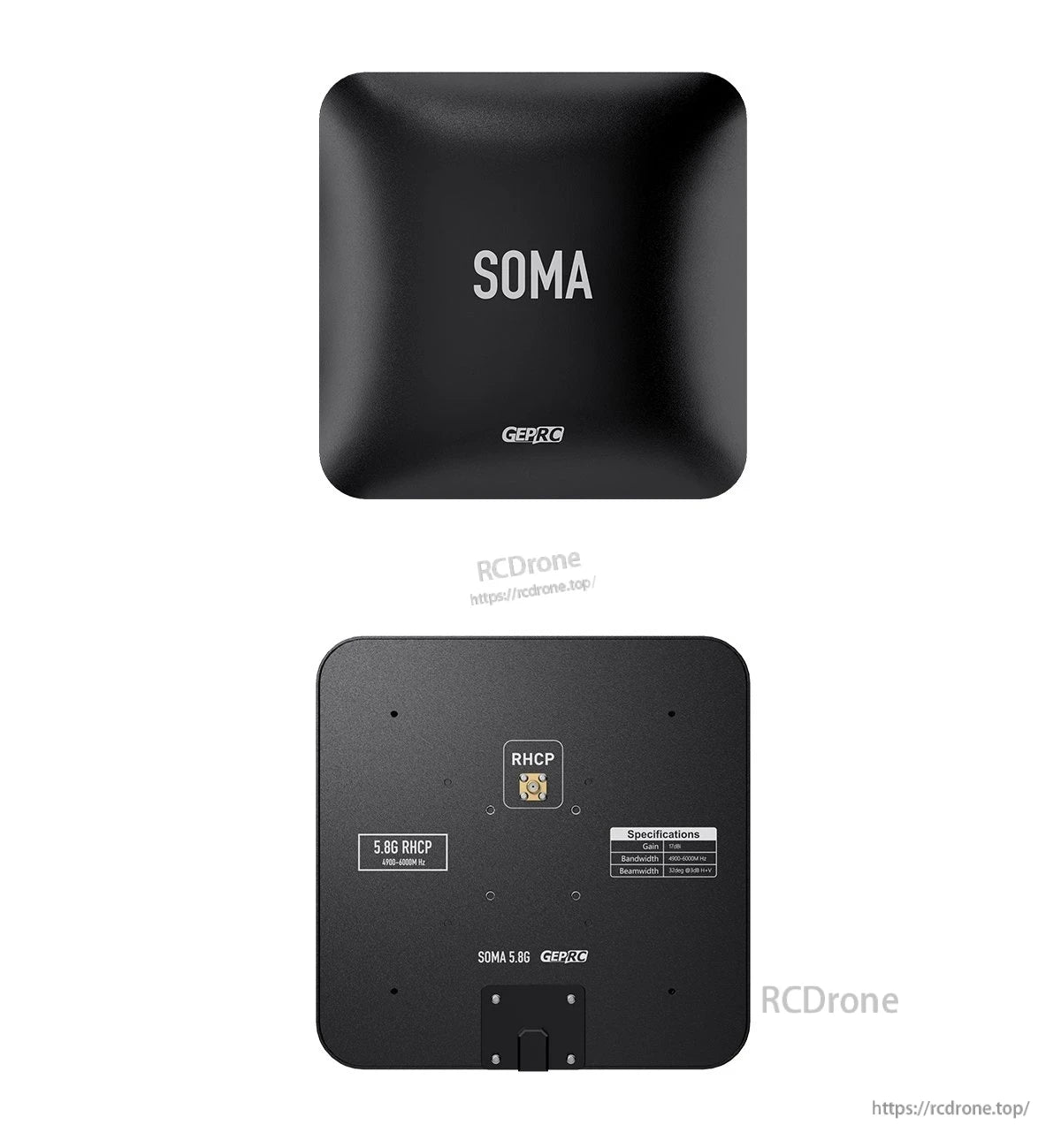 GEPRC SOMA 5.8G directional flat-panel antenna, black square housing with rear RHCP connector and spec label