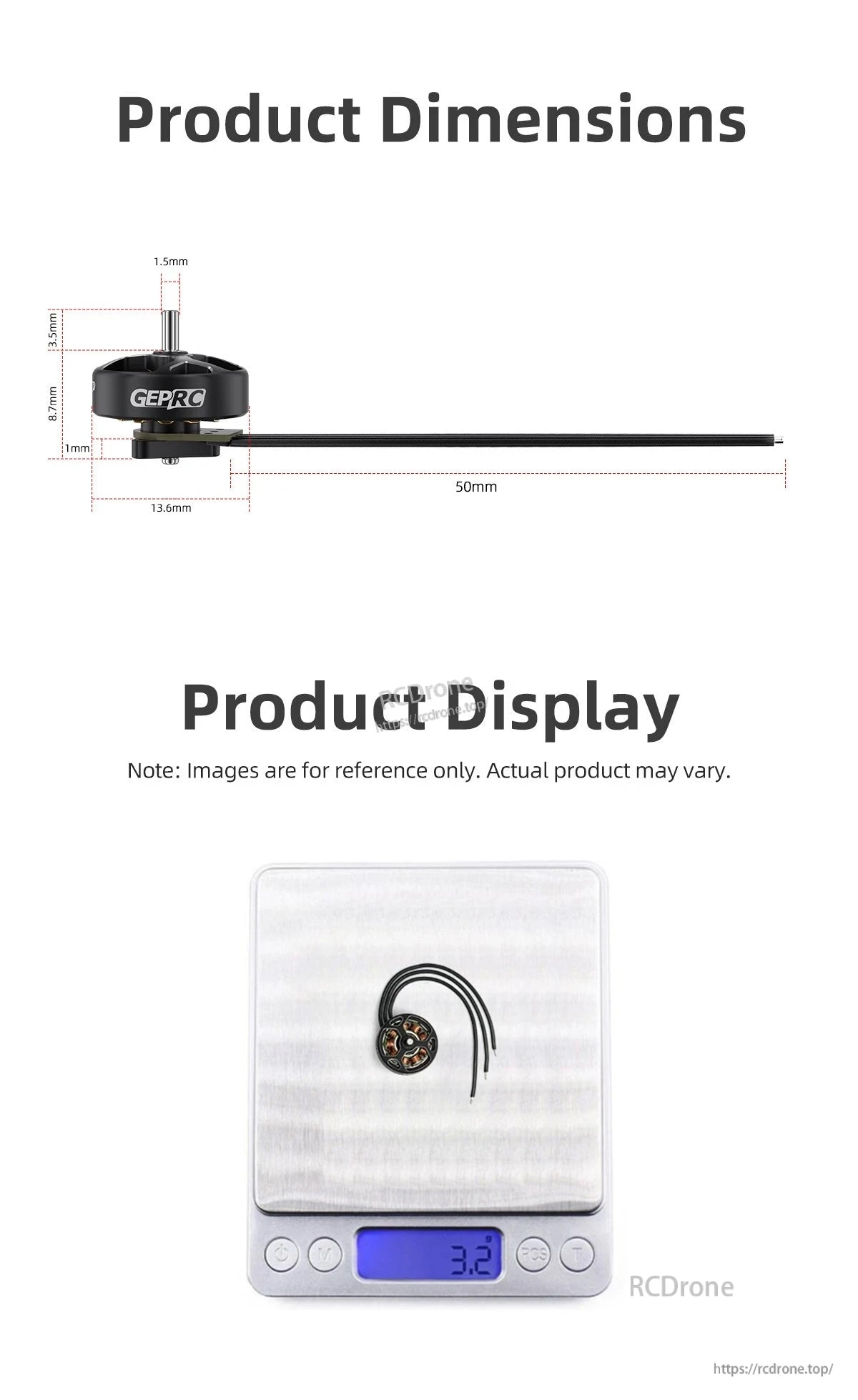 GEPRC SPEEDX2 1003 14800KV Brushless Motor, GEPRC motor dimensions and weight displayed for FPV drones.