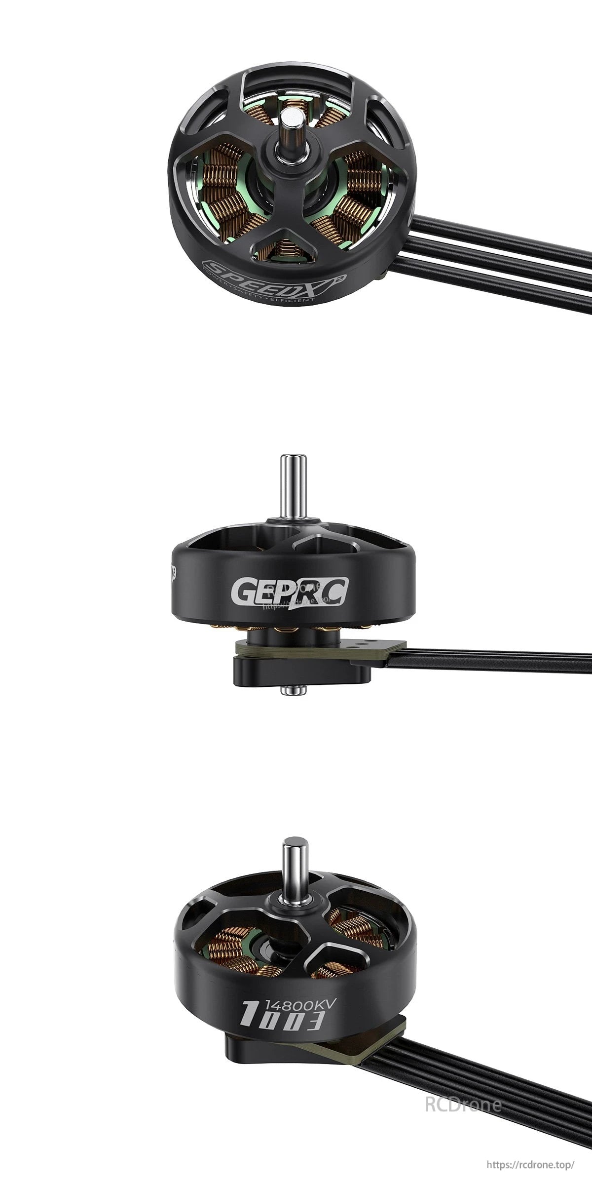 GEPRC SPEEDX2 1003 14800KV Brushless Motor, The PC component features a matte black finish with polished edges and a large hollowed design for improved cooling.